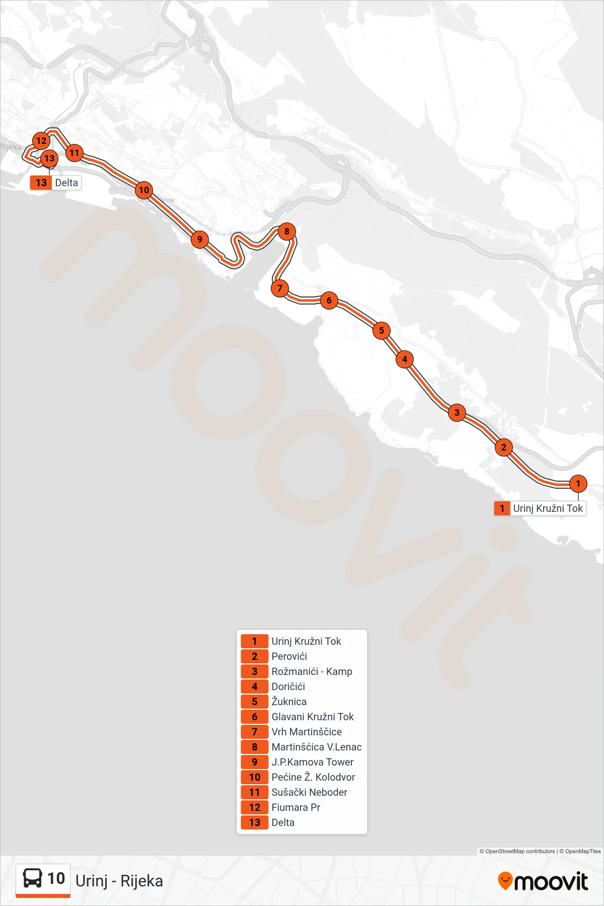 Linija 10 autobus, (Urinj - Rijeka) – ruta i stanice na karti