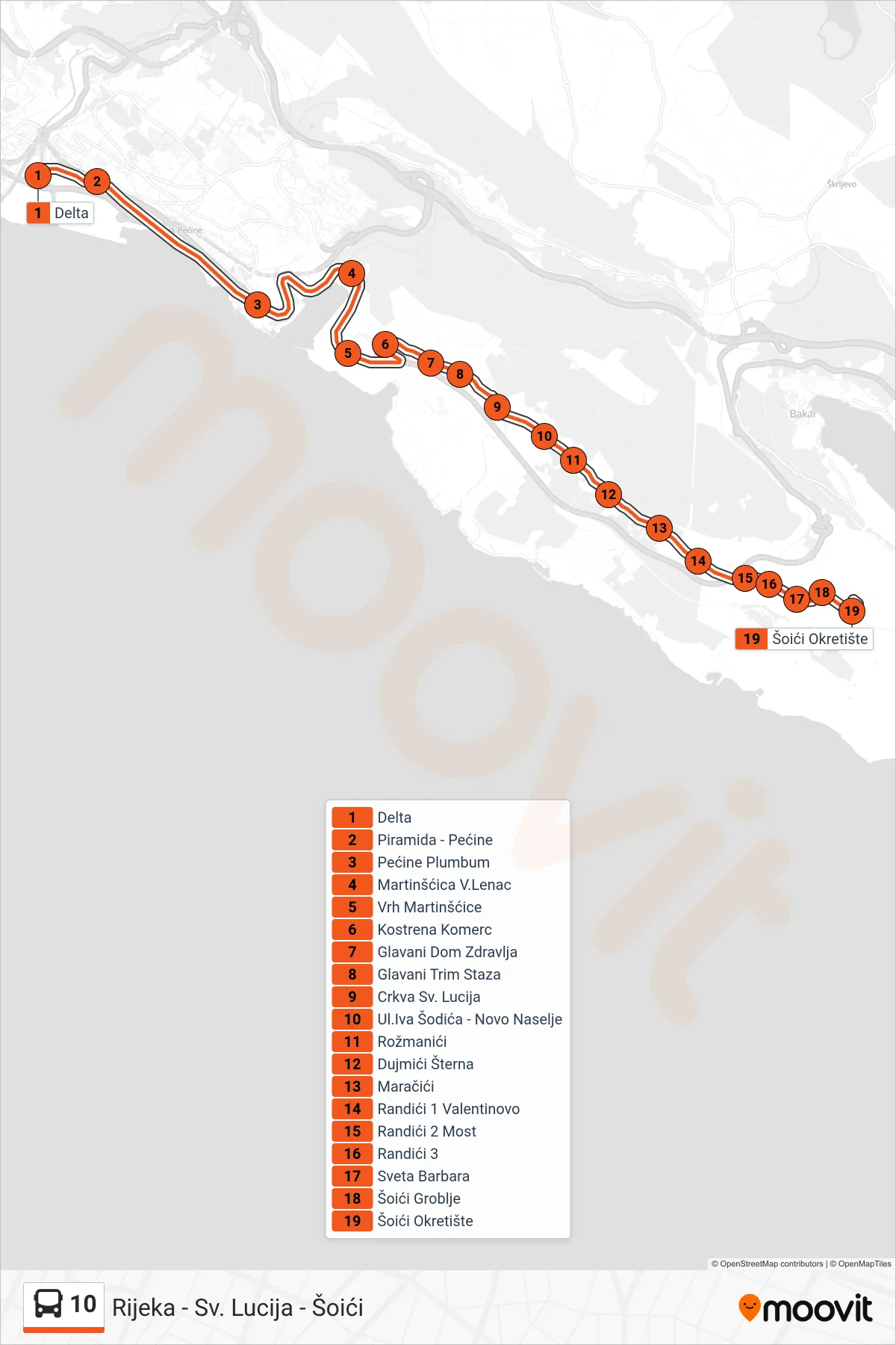 Linija 10 autobus, (Rijeka - Sv. Lucija - Šoići) – ruta i stanice na karti