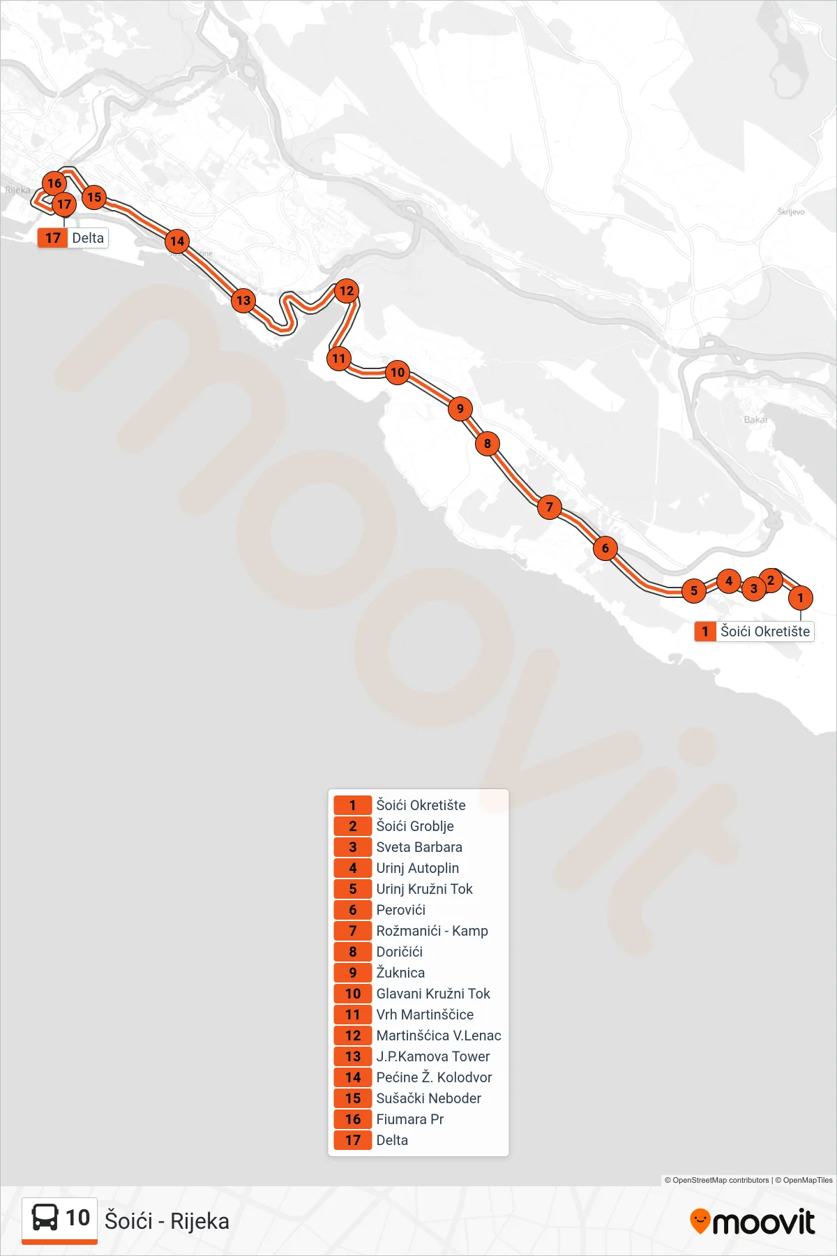 10 bus Line (Šoići - Rijeka) route and stops on a map