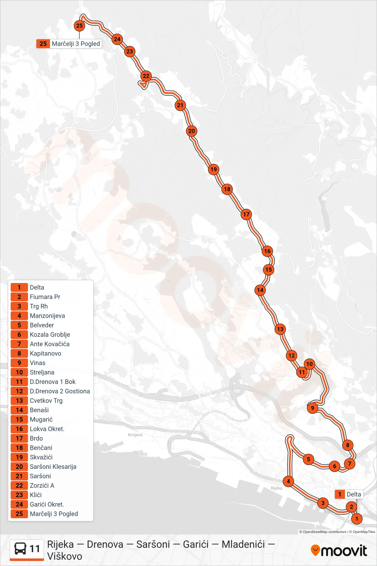 11 bus Line (Rijeka - Drenova - Garići - Marčelji) route and stops on a map