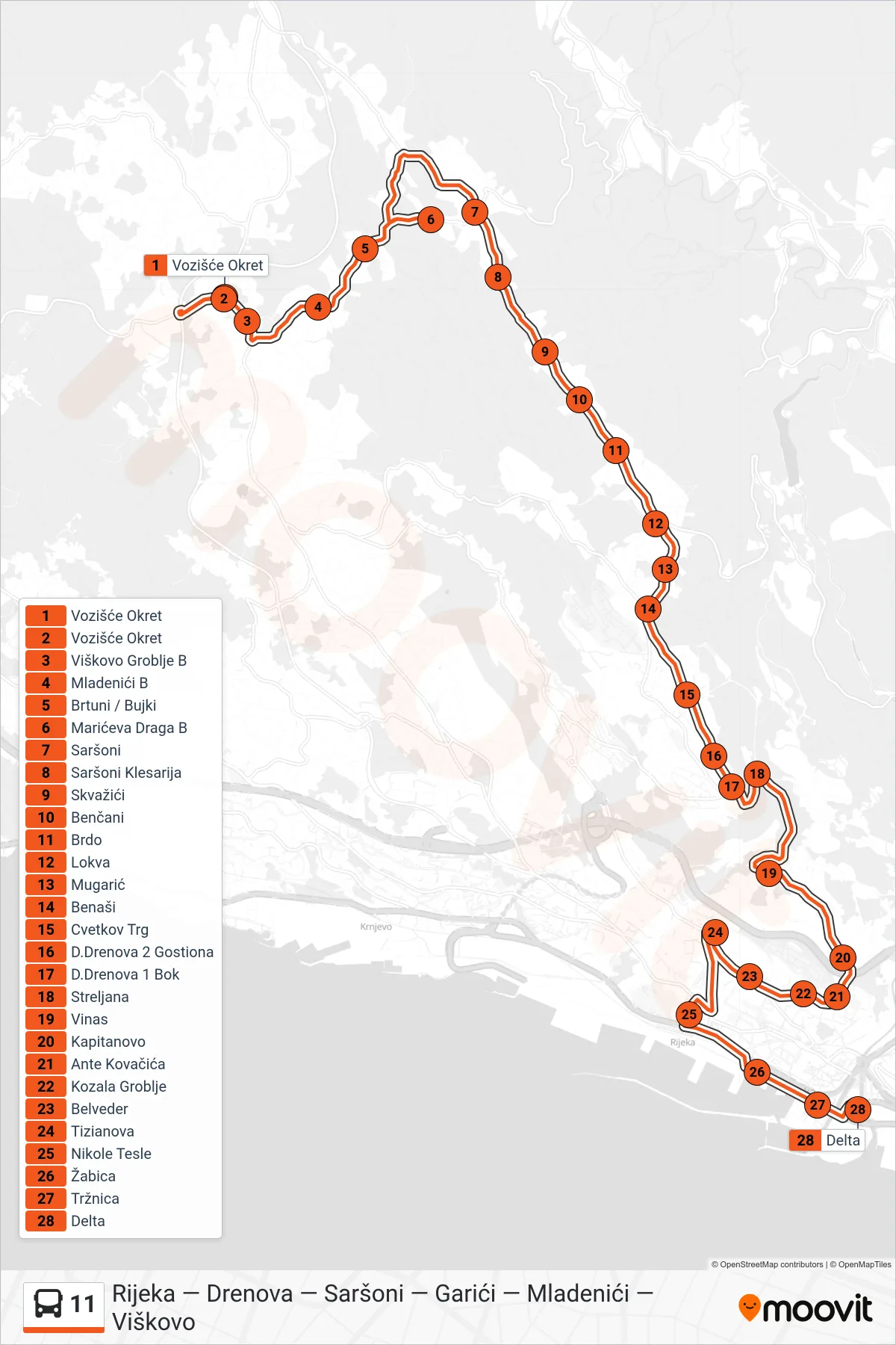 11 bus Line (Viškovo - Saršoni - Rijeka) route and stops on a map