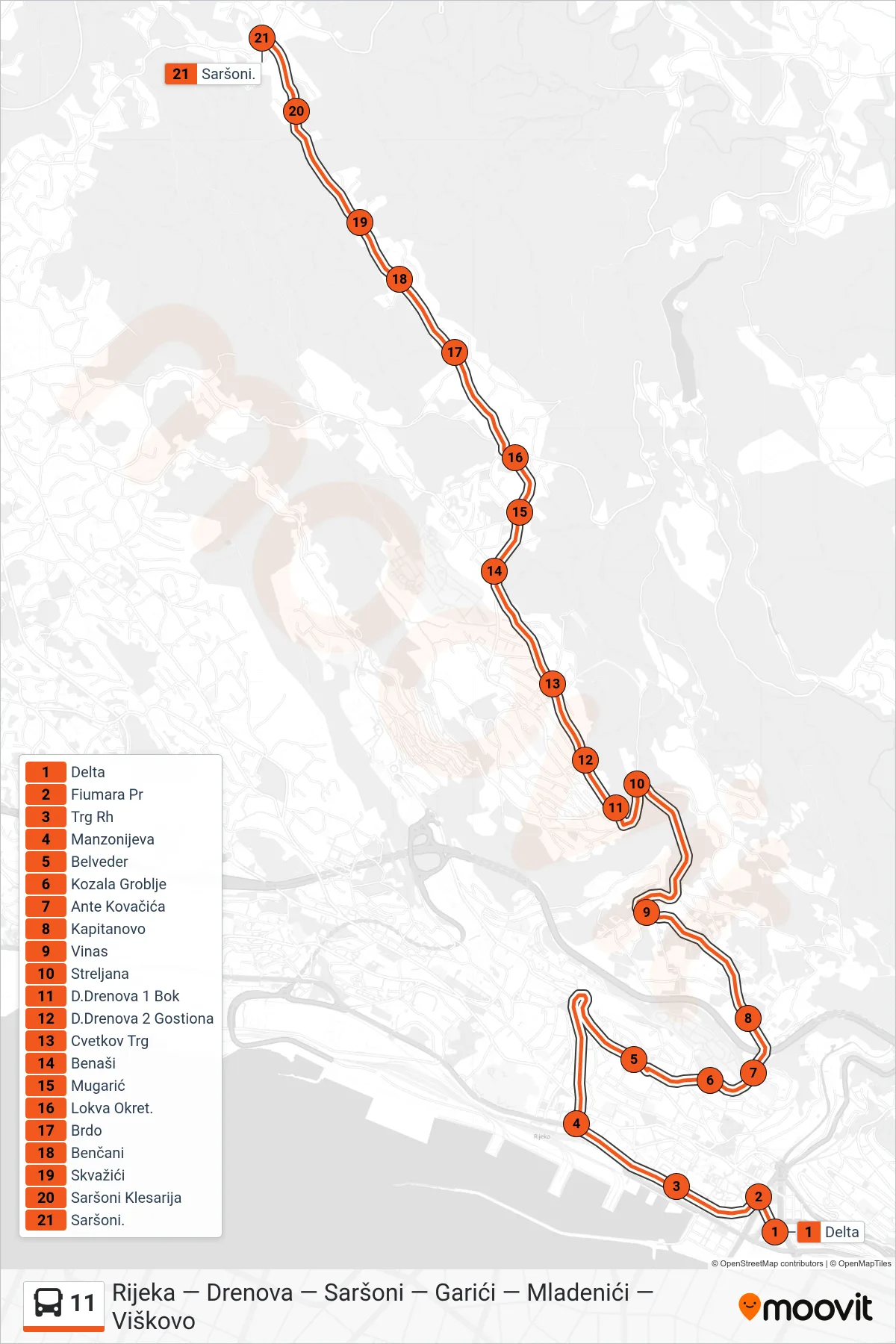 Linija 11 autobus, (Rijeka - Drenova - Saršoni) – ruta i stanice na karti