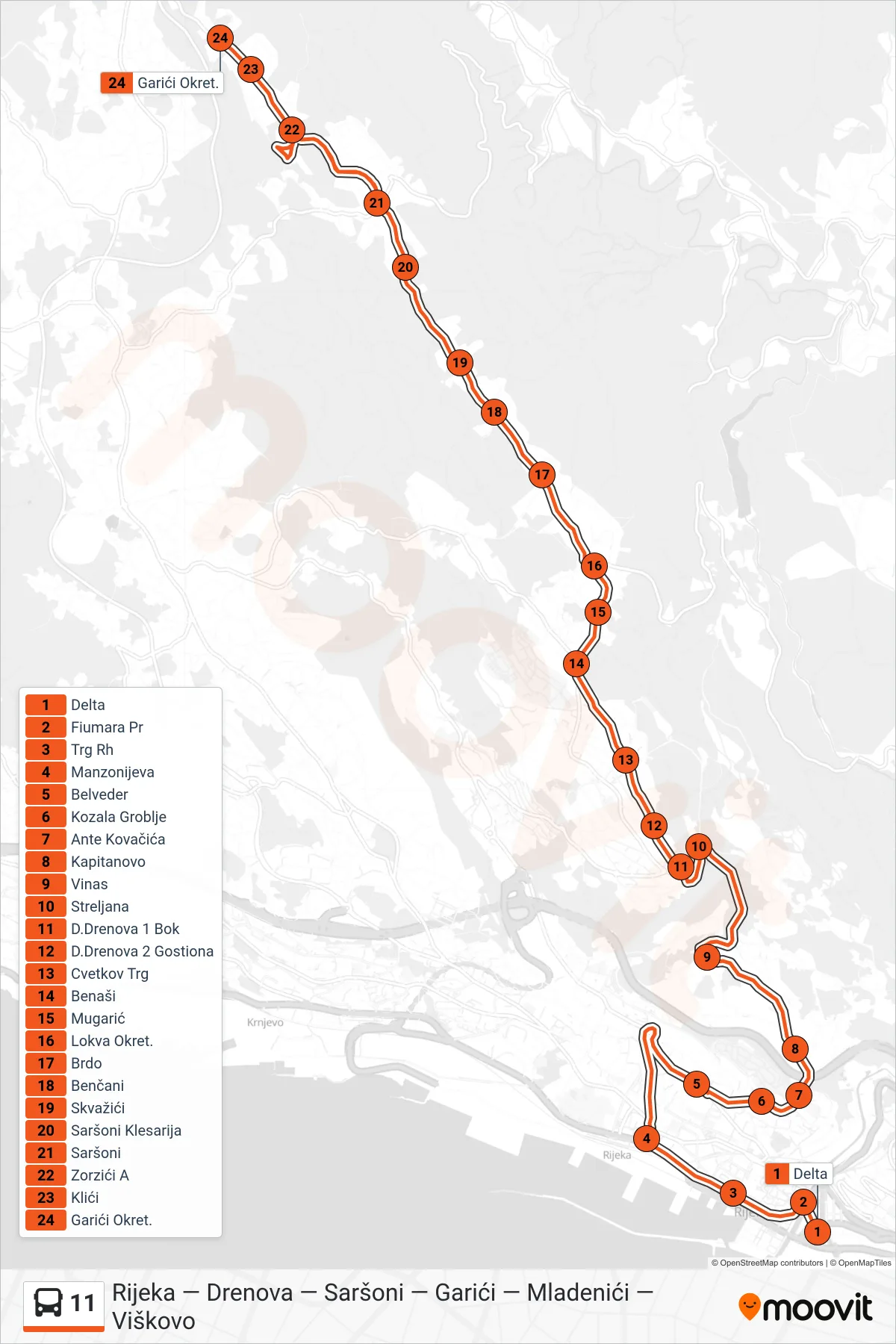 Linija 11 autobus, (Rijeka - Drenova - Garići) – ruta i stanice na karti