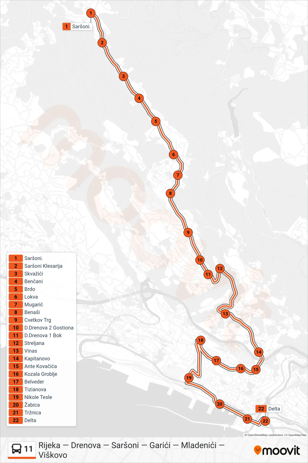 Linija 11 autobus, (Saršoni - Drenova - Rijeka) – ruta i stanice na karti