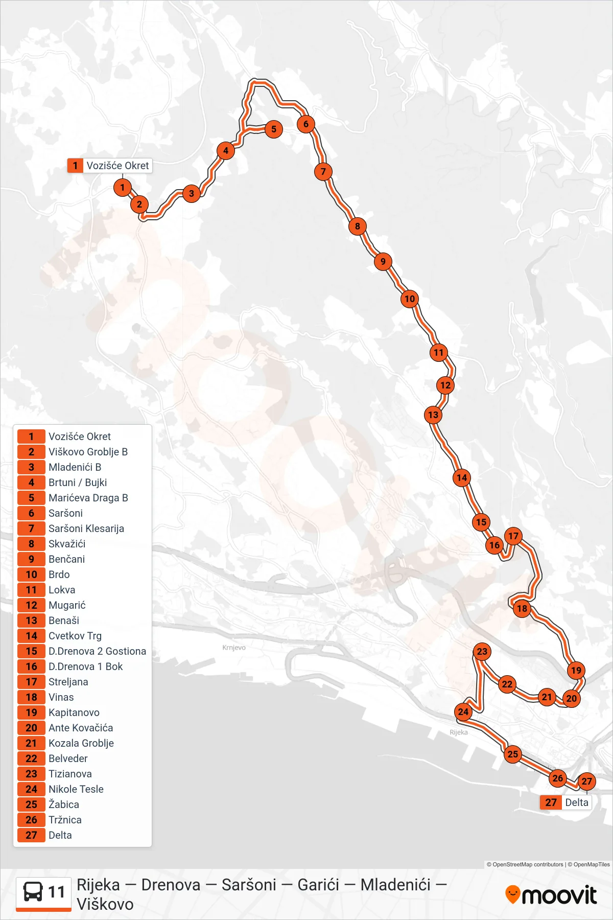 Linija 11 autobus, (Viškovo - Saršoni - Drenova - Rijeka) – ruta i stanice na karti