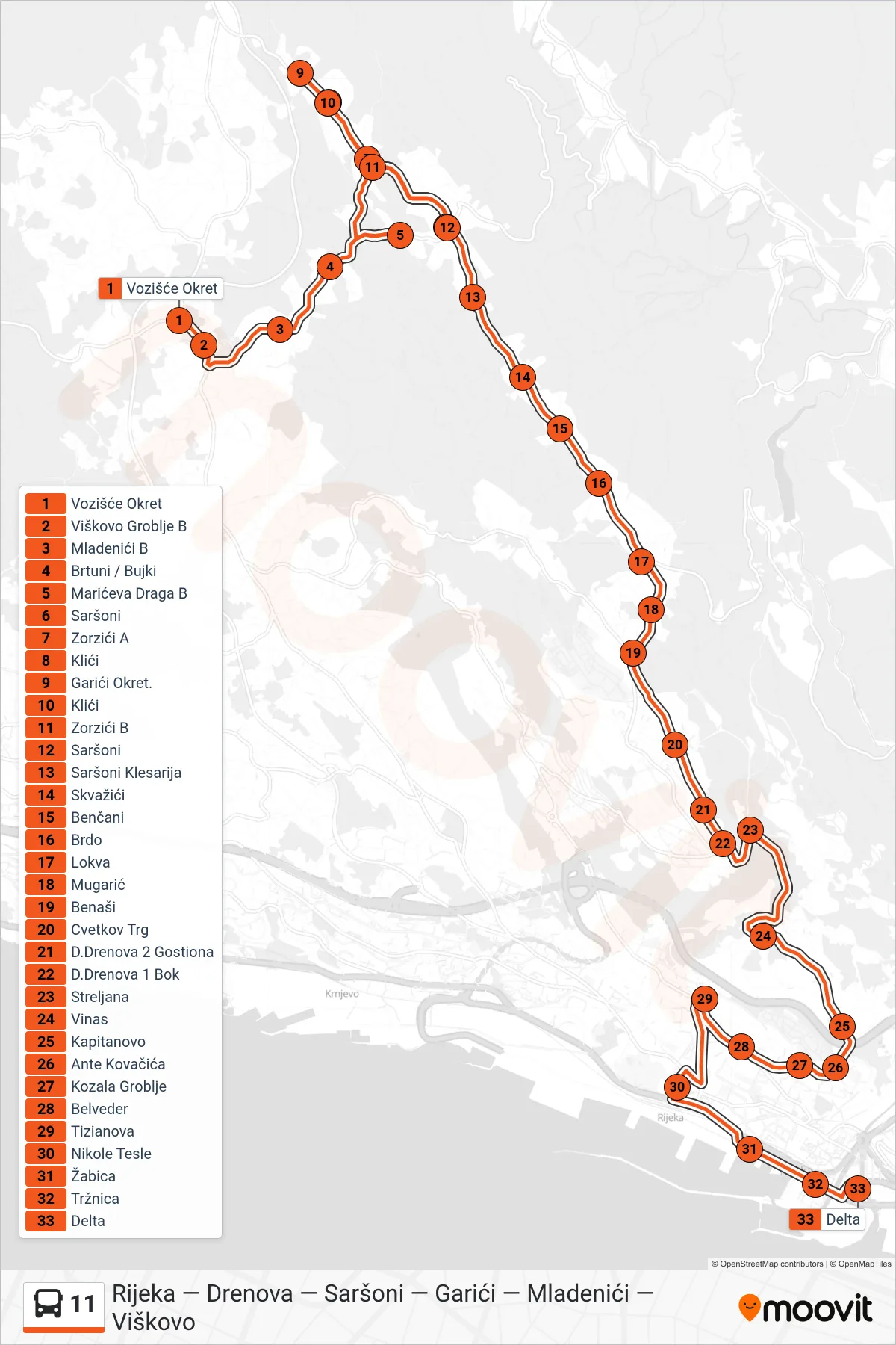 Linija 11 autobus, (Viškovo - Garići - Drenova - Rijeka) – ruta i stanice na karti