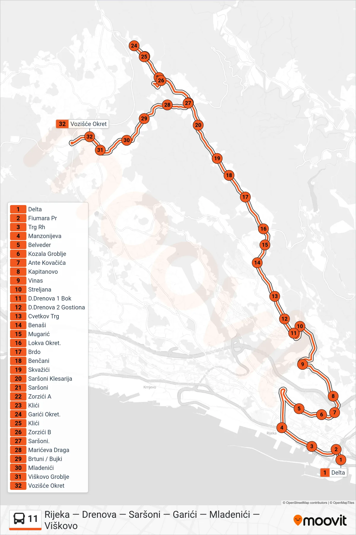 Linija 11 autobus, (Rijeka - Drenova - Garići - Viškovo) – ruta i stanice na karti