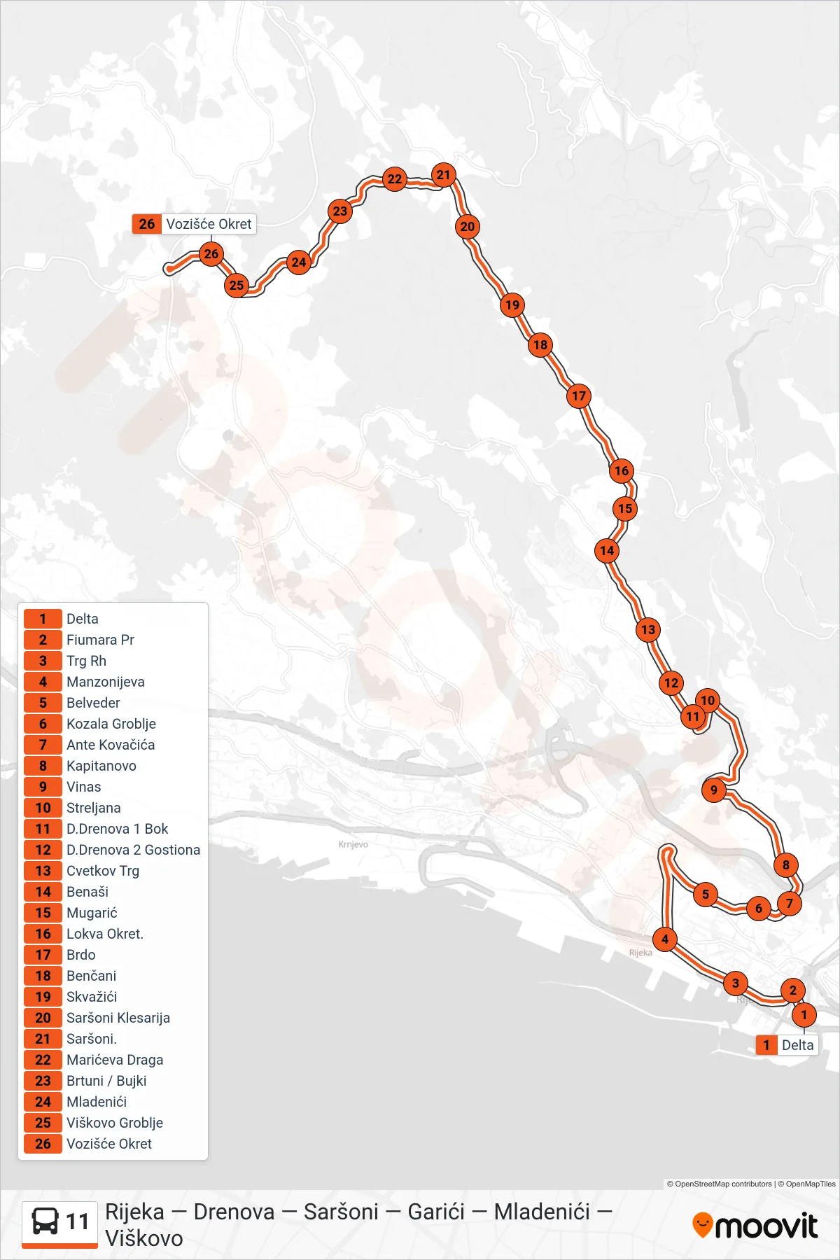 Linija 11 autobus, (Rijeka - Drenova - Saršoni - Viškovo) – ruta i stanice na karti