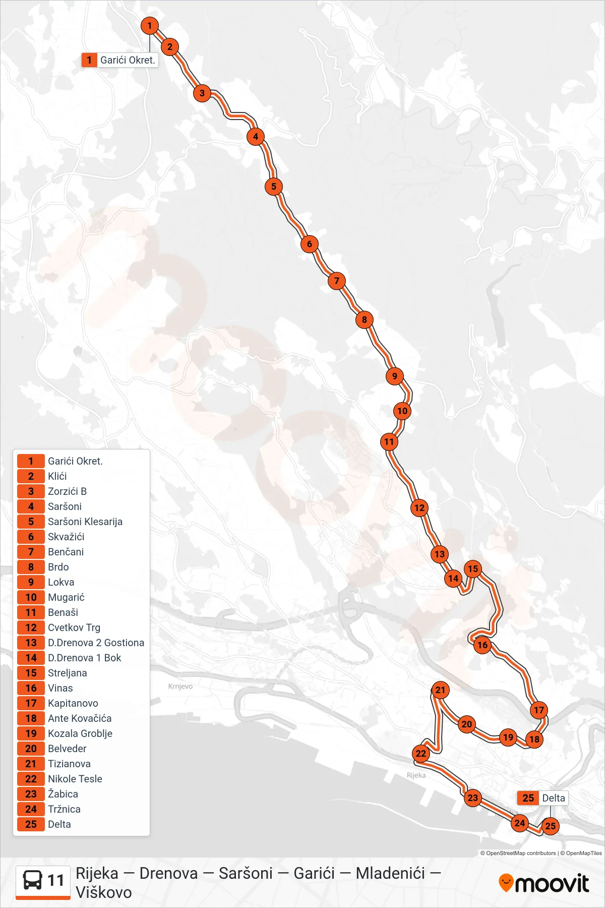Linija 11 autobus, (Garići - Drenova - Rijeka) – ruta i stanice na karti