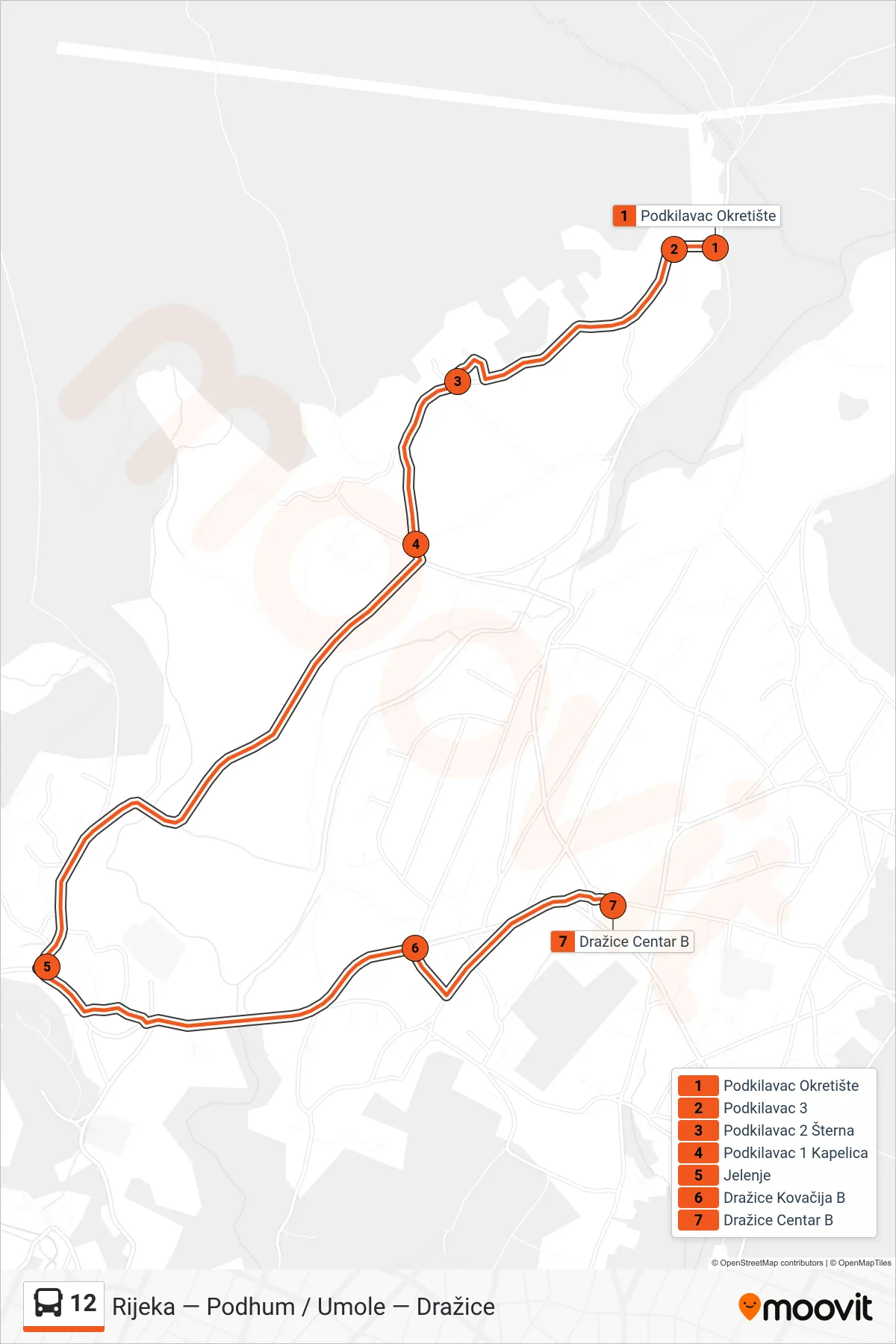 Linija 12 autobus, (Podkilavac - Jelenje - Dražice) – ruta i stanice na karti
