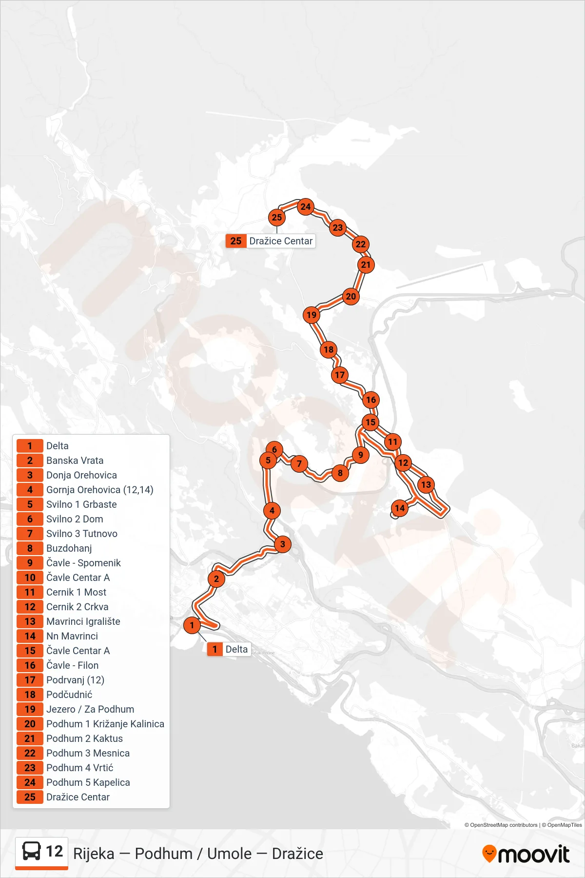Linija 12 autobus, (Rijeka - Nn Mavrinci - Podhum - Dražice) – ruta i stanice na karti