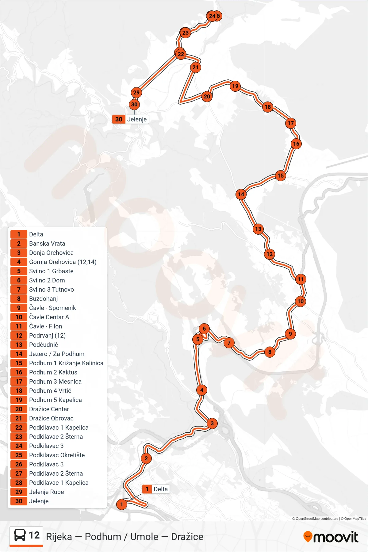 Linija 12 autobus, (Rijeka - Podhum - Podkilavac - Jelenje) – ruta i stanice na karti