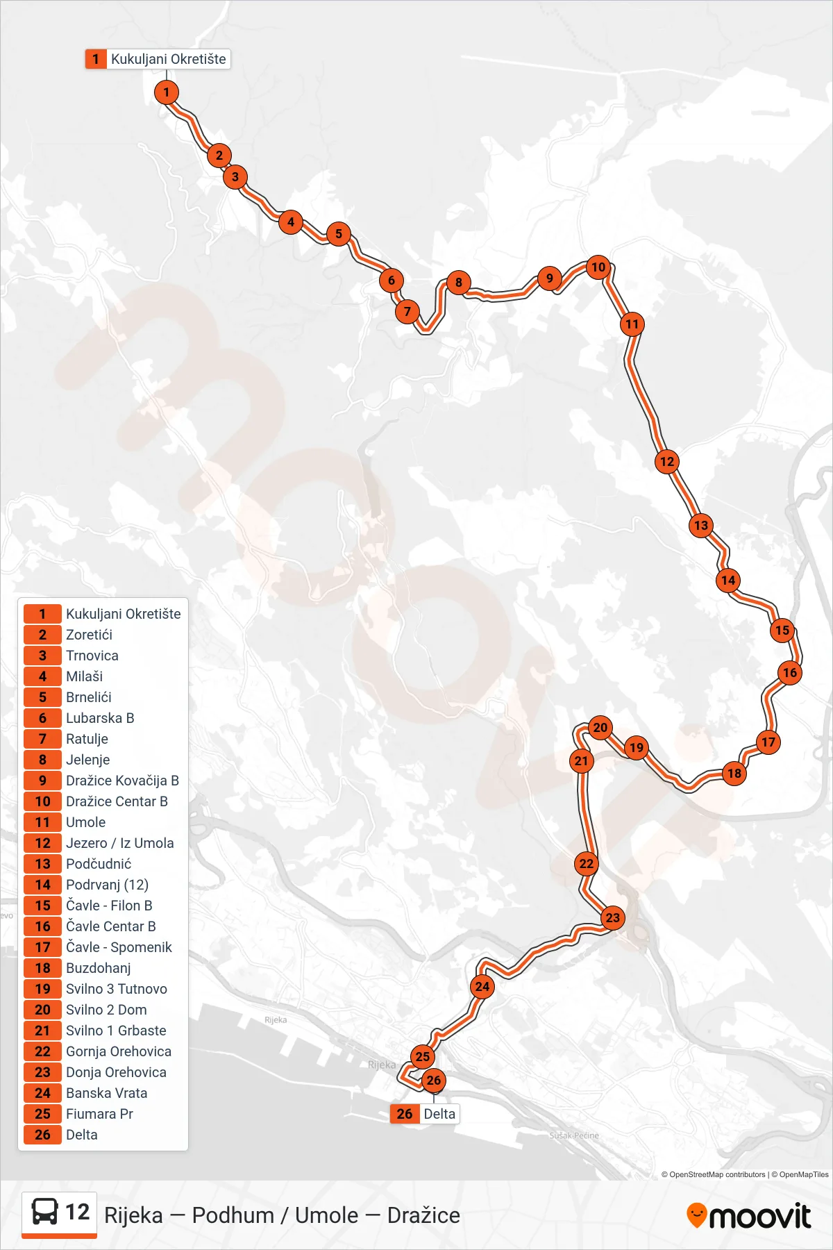 Linija 12 autobus, (Kukuljani - Umole - Rijeka) – ruta i stanice na karti