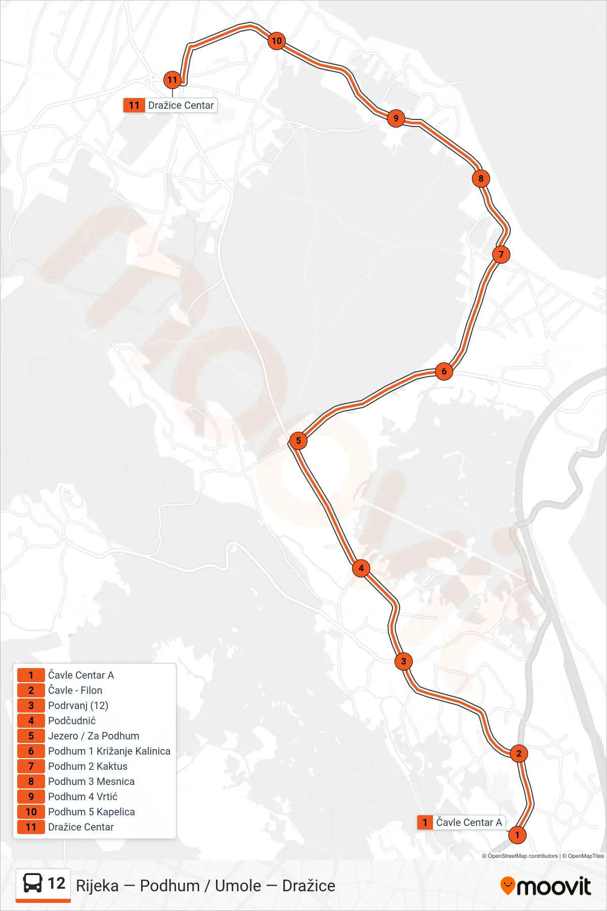 Linija 12 autobus, (Čavle - Podhum - Dražice) – ruta i stanice na karti