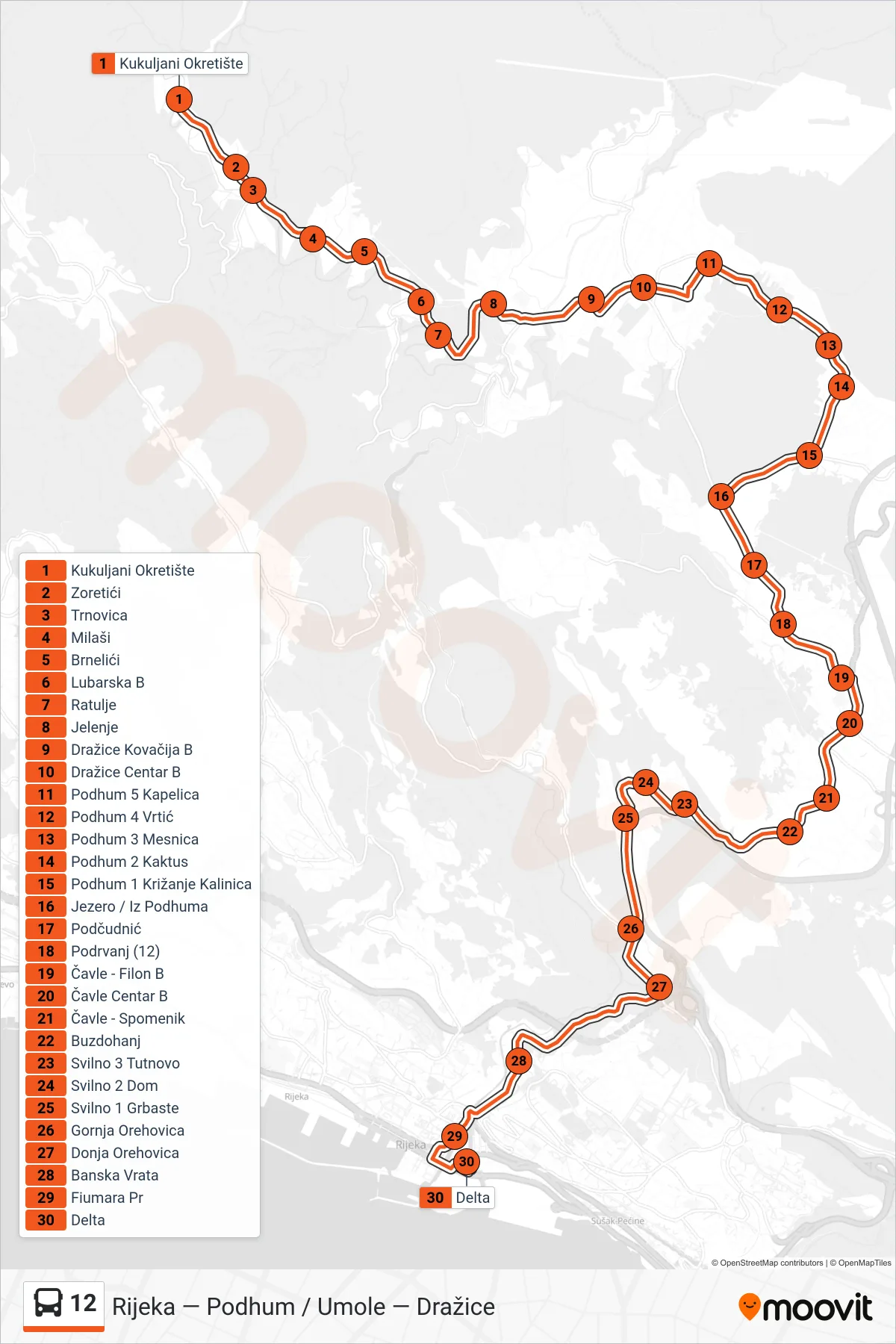 Linija 12 autobus, (Kukuljani - Podhum - Delta) – ruta i stanice na karti