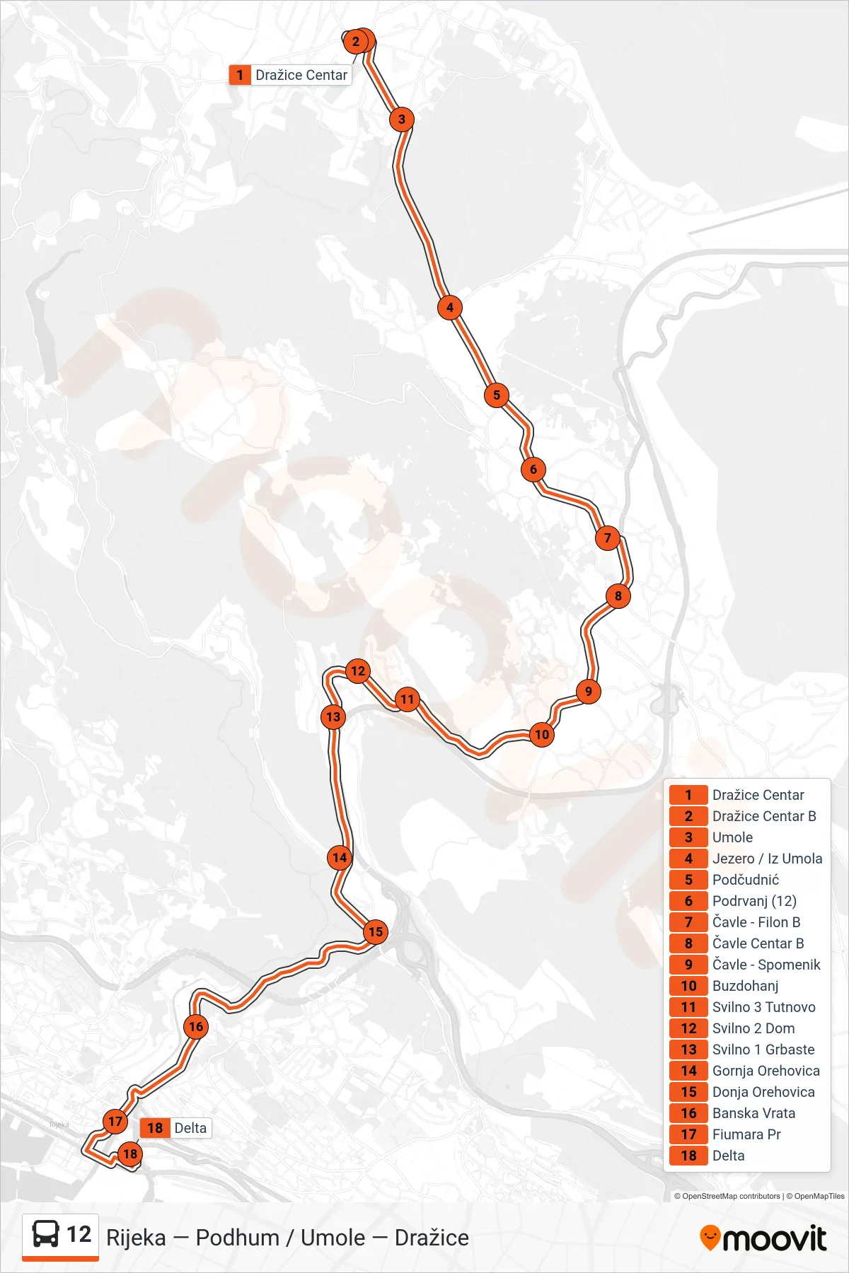 Linija 12 autobus, (Dražice - Umole - Rijeka) – ruta i stanice na karti