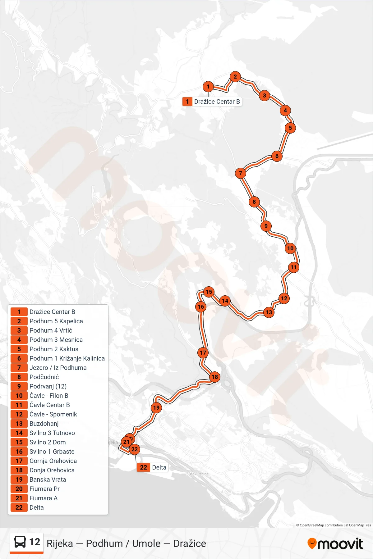 Linija 12 autobus, (Dražice - Podhum - Rijeka) – ruta i stanice na karti