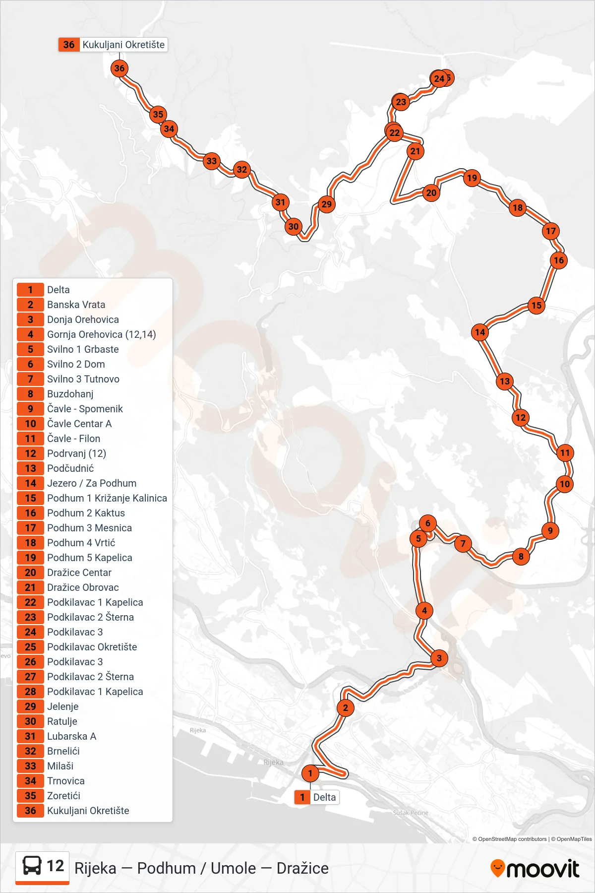 Linija 12 autobus, (Rijeka - Podhum - Podkilavac - Kukuljani) – ruta i stanice na karti