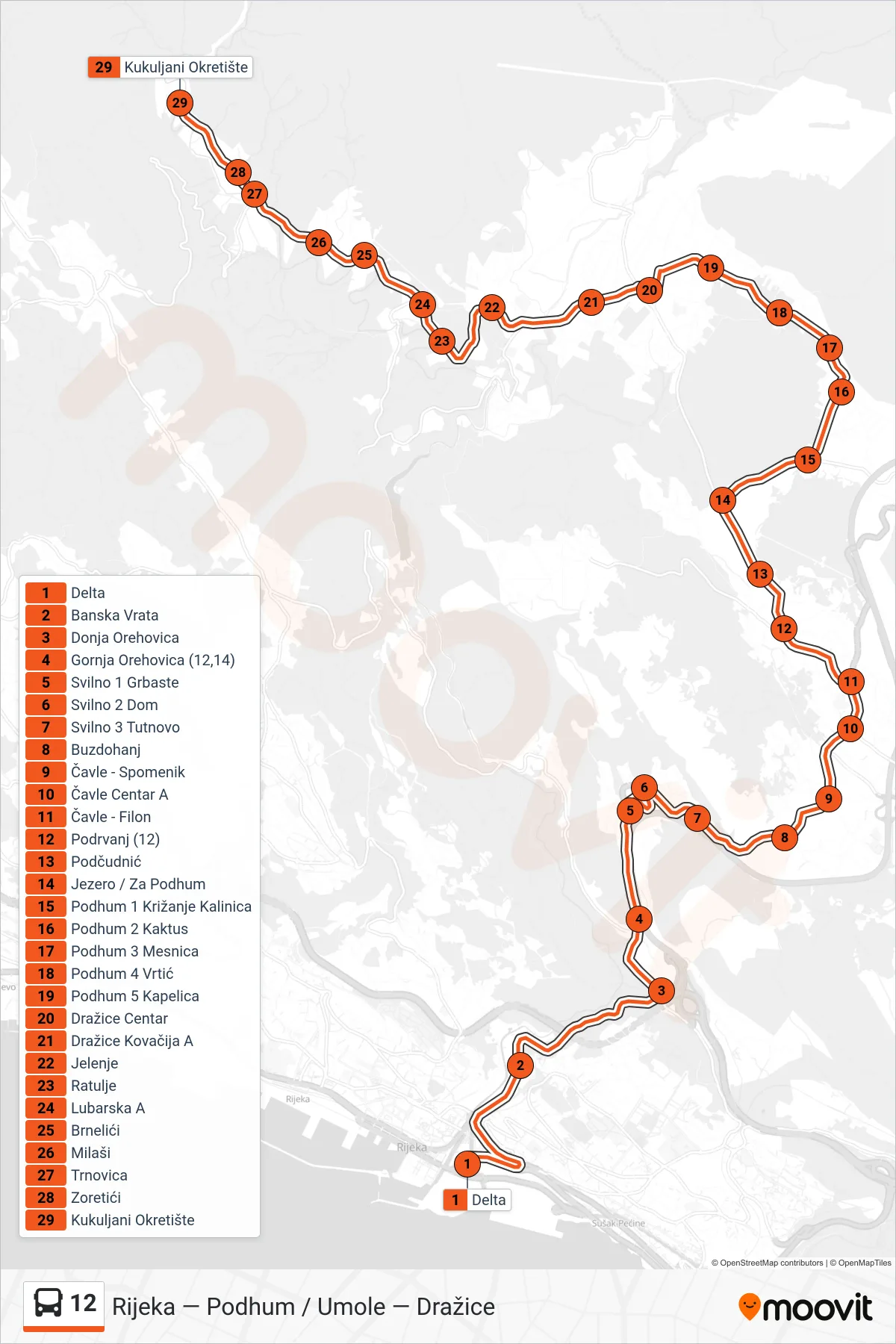 Linija 12 autobus, (Rijeka - Podhum - Kukuljani) – ruta i stanice na karti