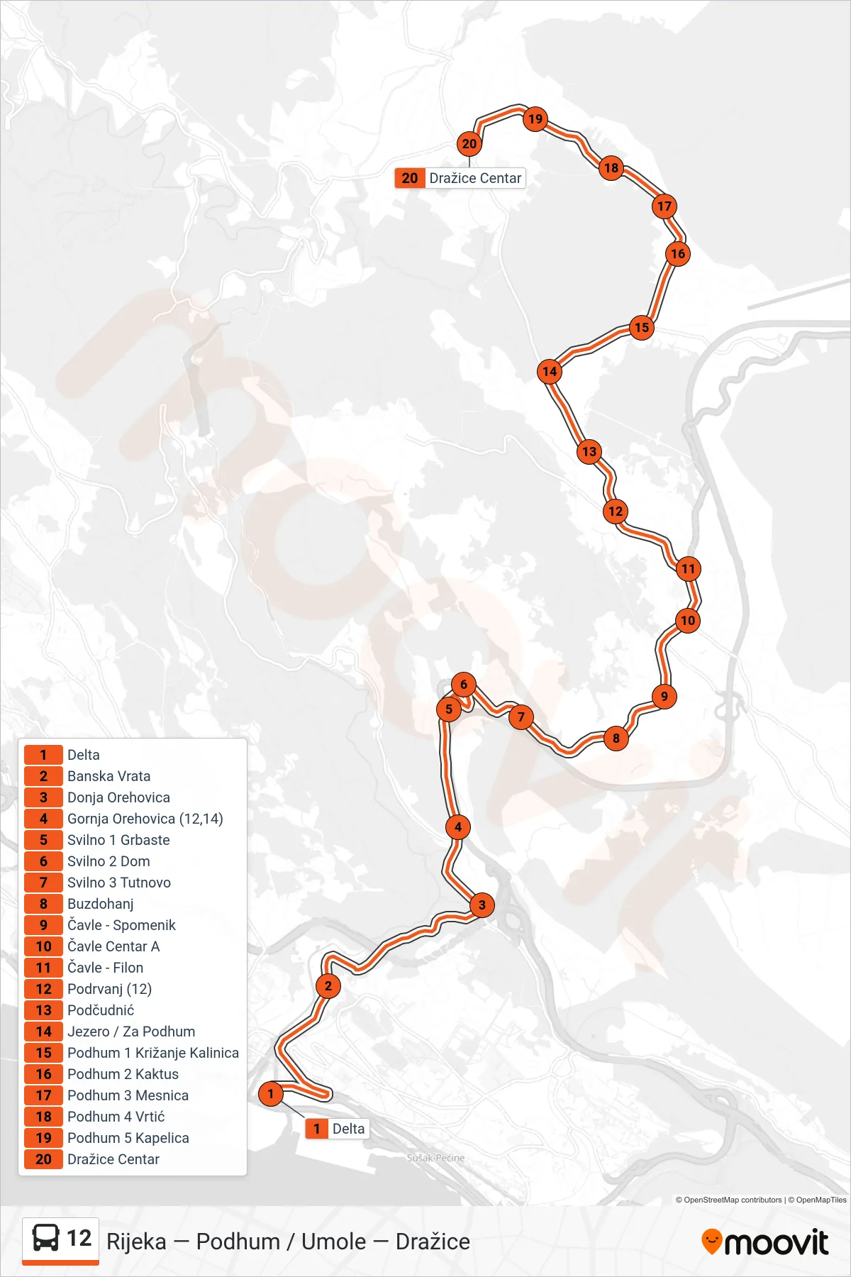 Linija 12 autobus, (Rijeka - Podhum - Dražice) – ruta i stanice na karti