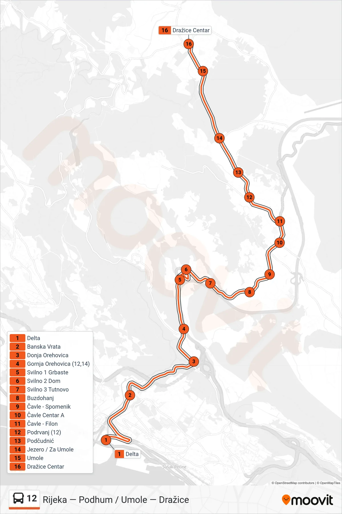Linija 12 autobus, (Rijeka - Umole - Dražice) – ruta i stanice na karti