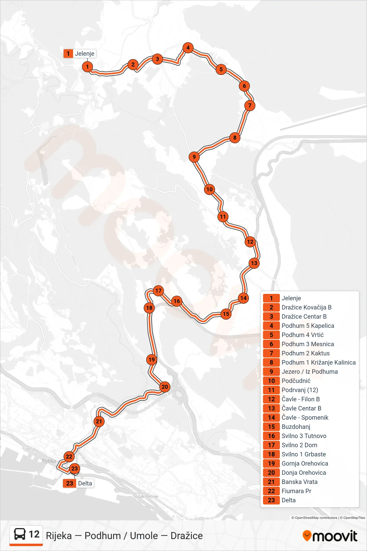 Linija 12 autobus, (Jelenje - Podhum - Rijeka) – ruta i stanice na karti