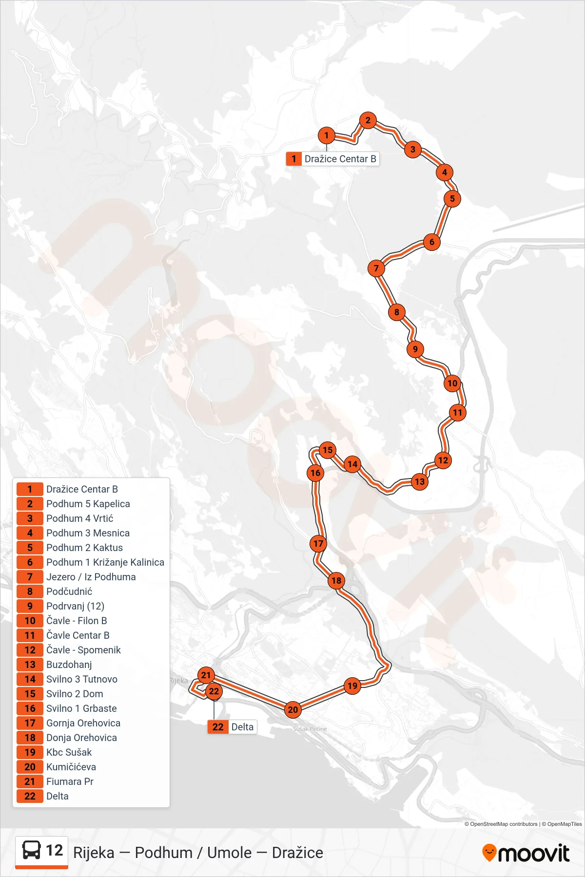 Linija 12 autobus, (Dražice - Podhum - Sušak - Rijeka) – ruta i stanice na karti