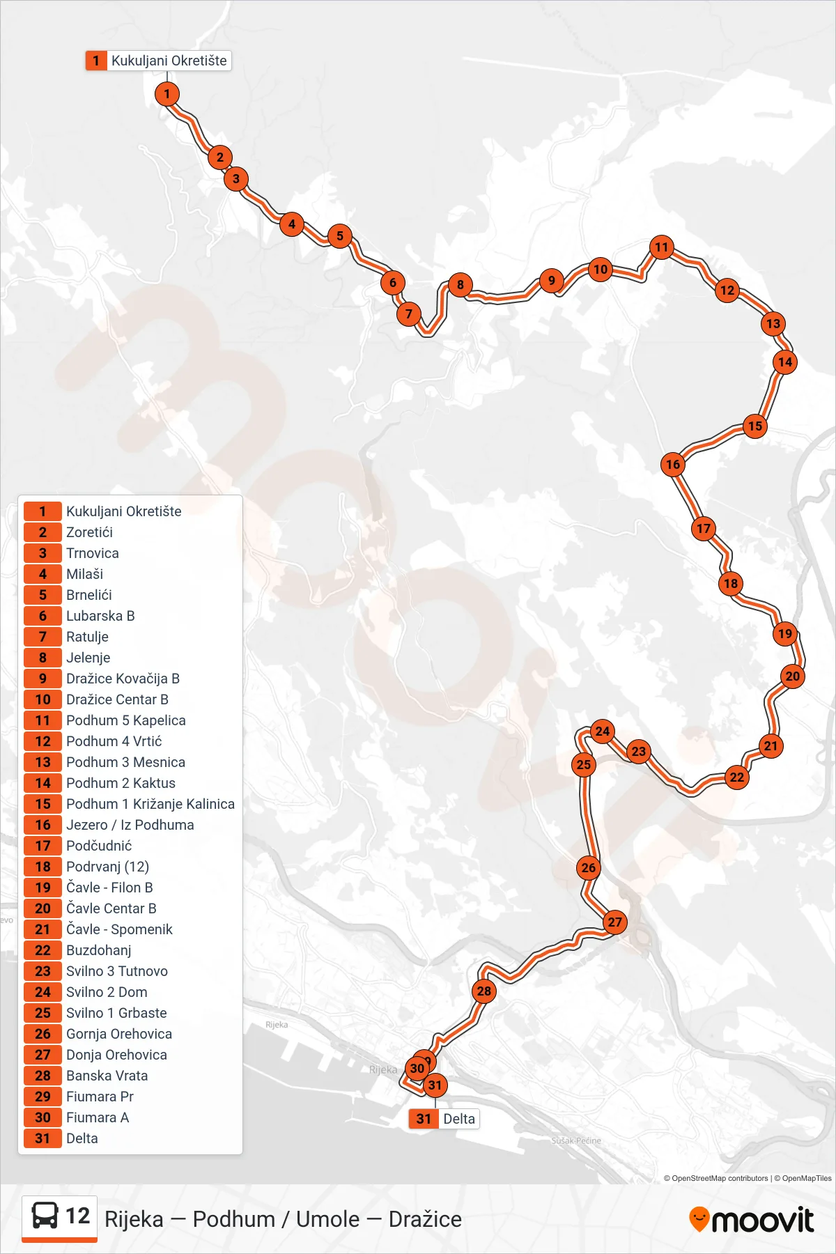 Linija 12 autobus, (Kukuljani - Podhum - Rijeka) – ruta i stanice na karti