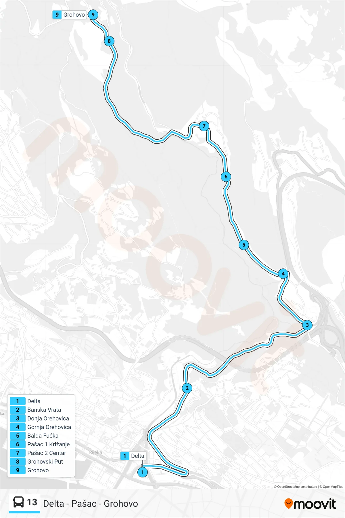 Linija 13 autobus, (Delta - Pašac - Grohovo) – ruta i stanice na karti