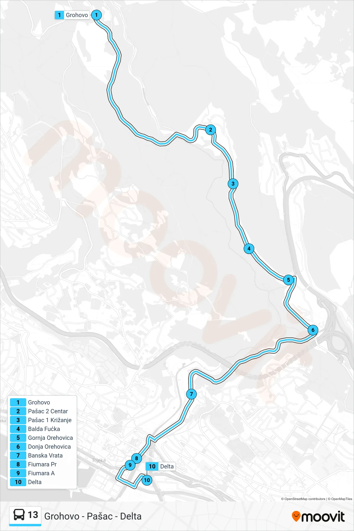 Linija 13 autobus, (Grohovo - Pašac - Delta) – ruta i stanice na karti