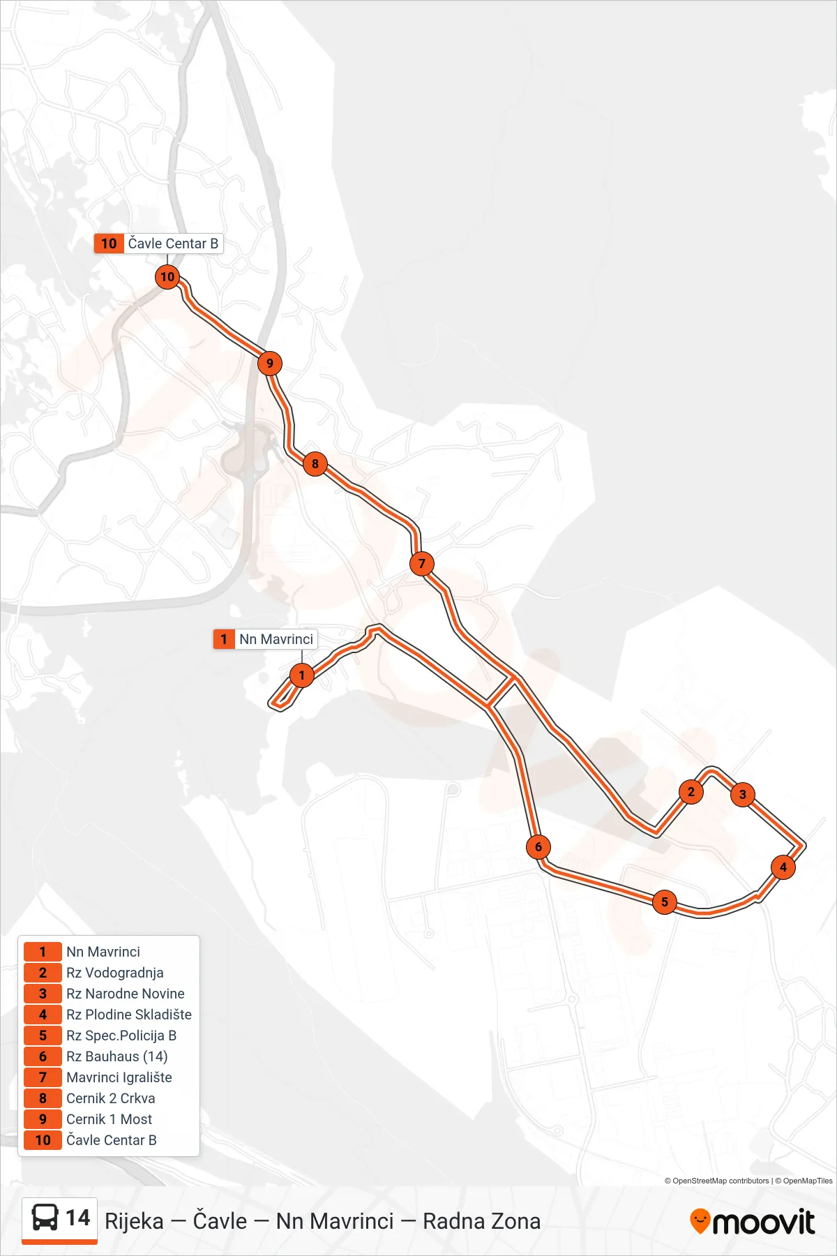 14 bus Line (Podola - Bauhaus - Čavle) route and stops on a map