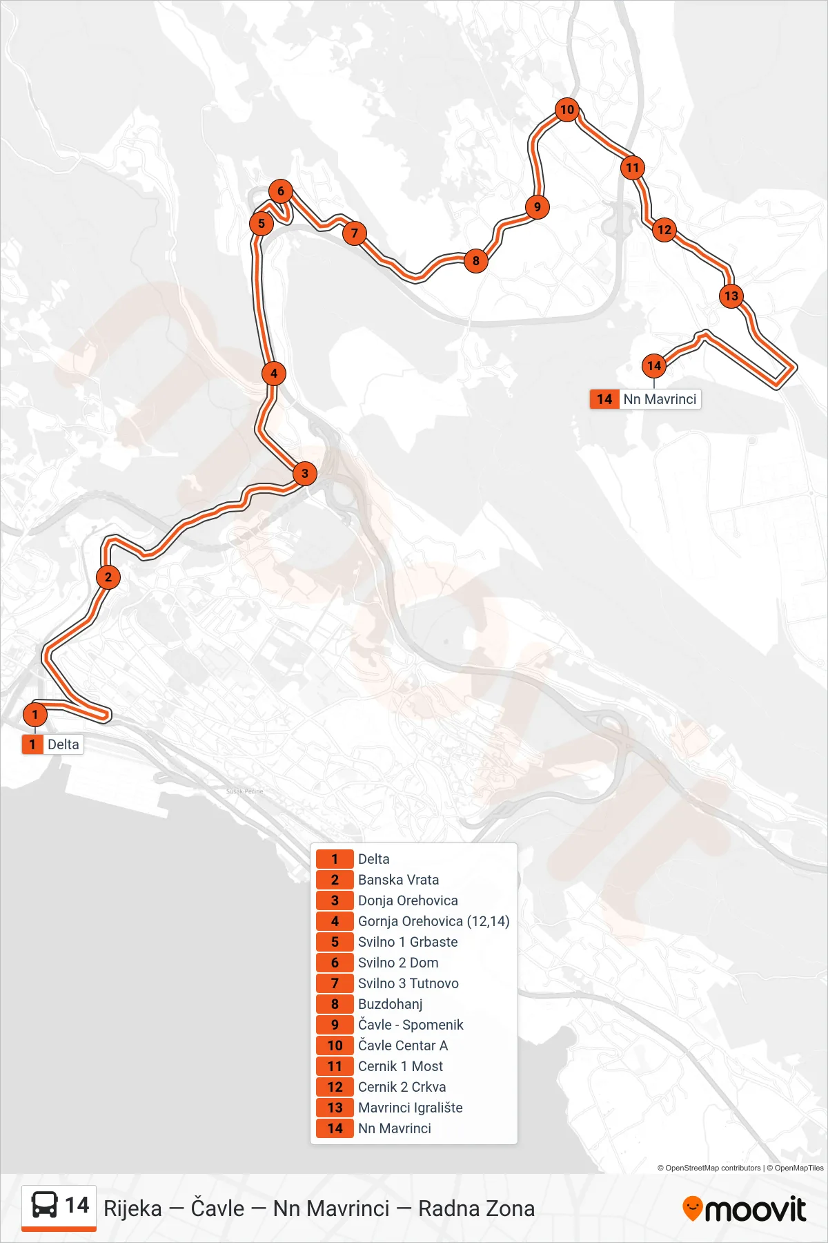 Linija 14 autobus, (Rijeka - Čavle - Nn Mavrinci) – ruta i stanice na karti