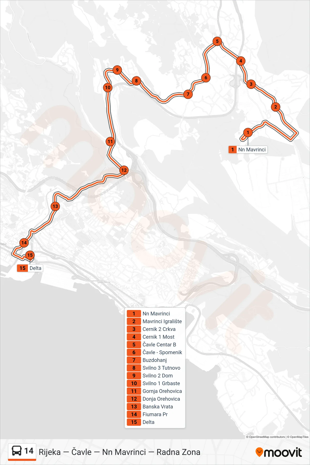 Linija 14 autobus, (Nn Mavrinci - Rijeka) – ruta i stanice na karti
