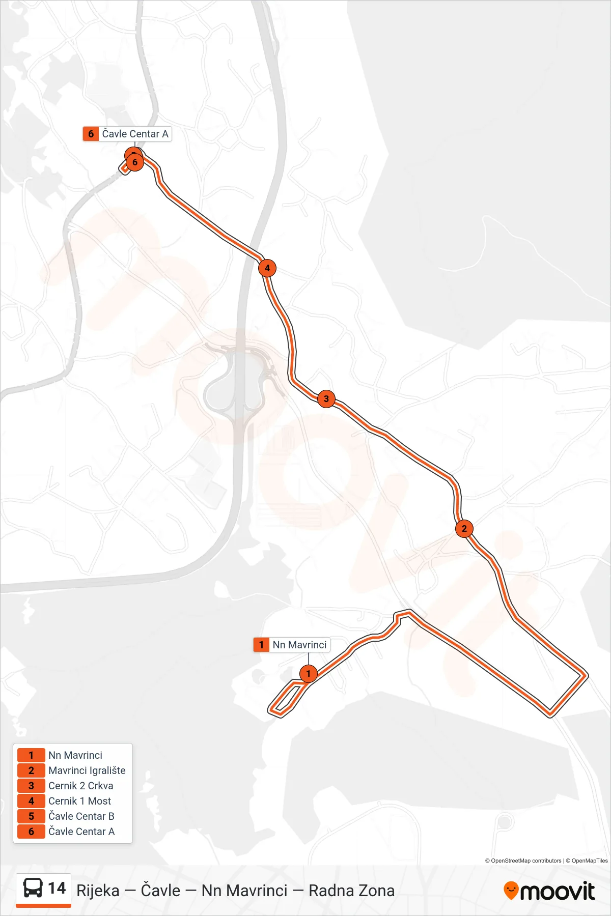 14 bus Line (Nn Mavrinci - Čavle) route and stops on a map