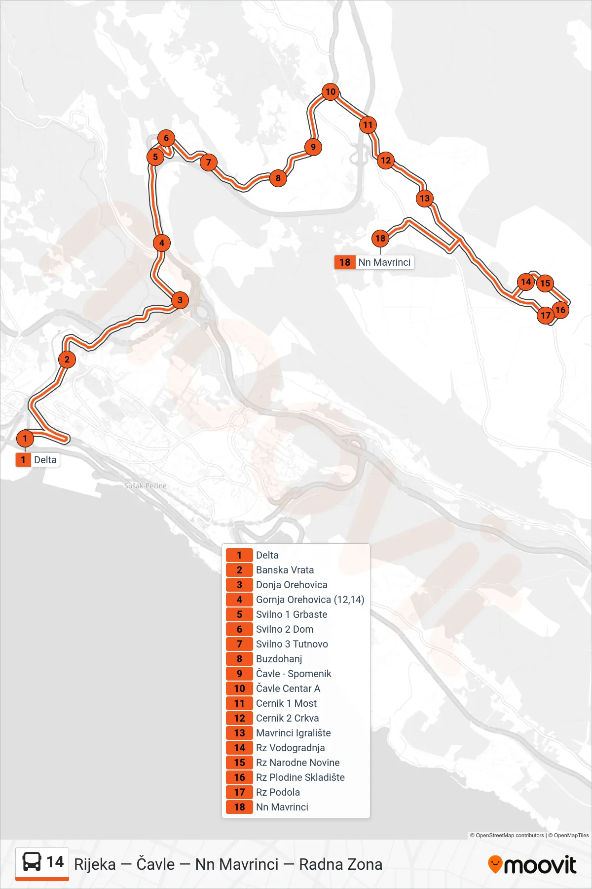 14 bus Line (Rijeka - Podola - Nn Mavrinci) route and stops on a map