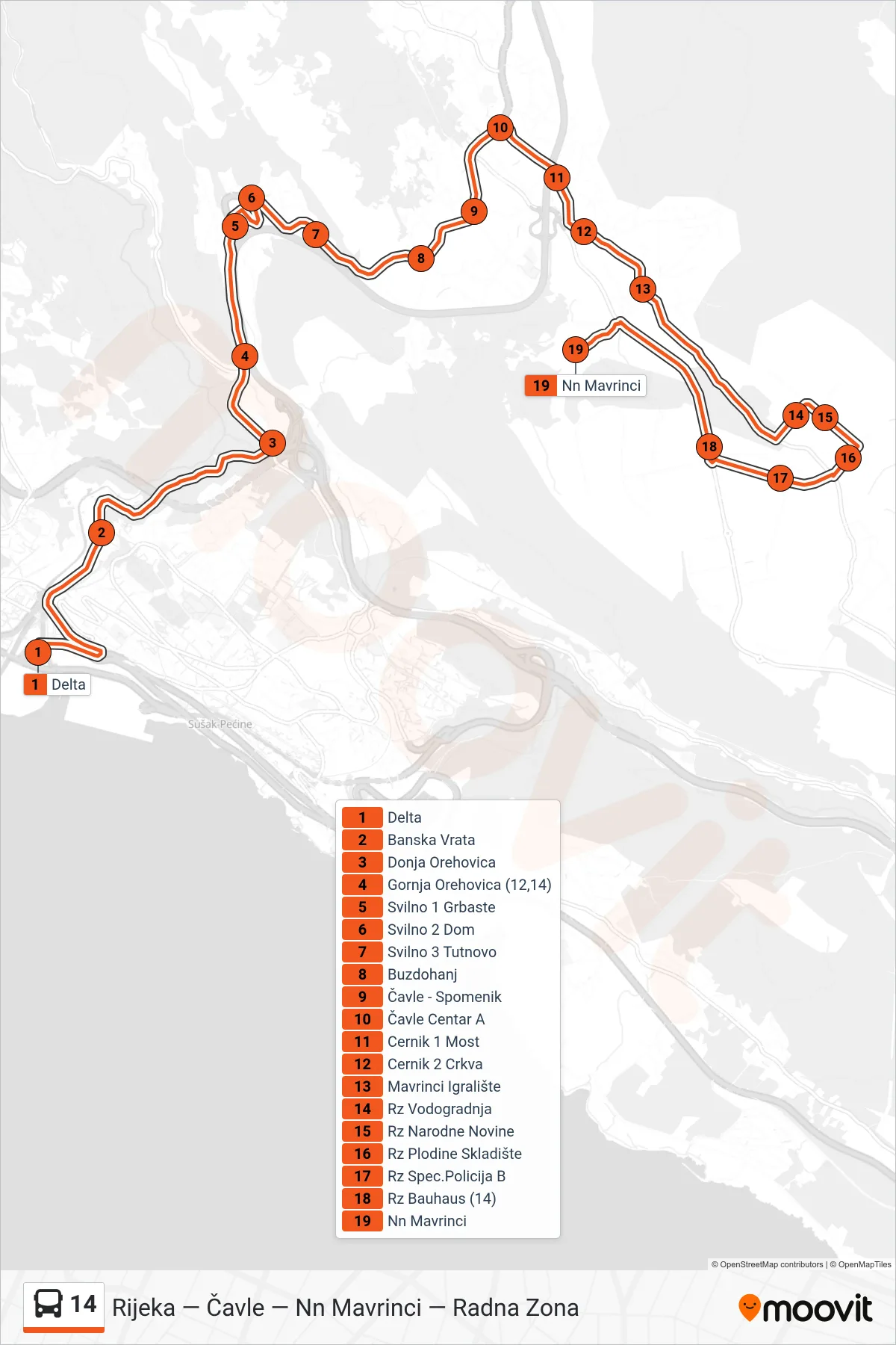 Linija 14 autobus, (Rijeka - Čavle - R. Zona - Mavrinci) – ruta i stanice na karti