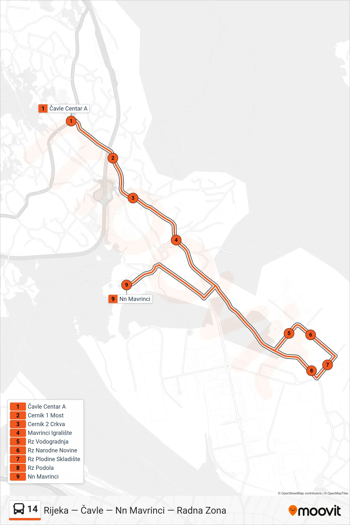 Linija 14 autobus, (Čavle - Podola - Nn Mavrinci) – ruta i stanice na karti
