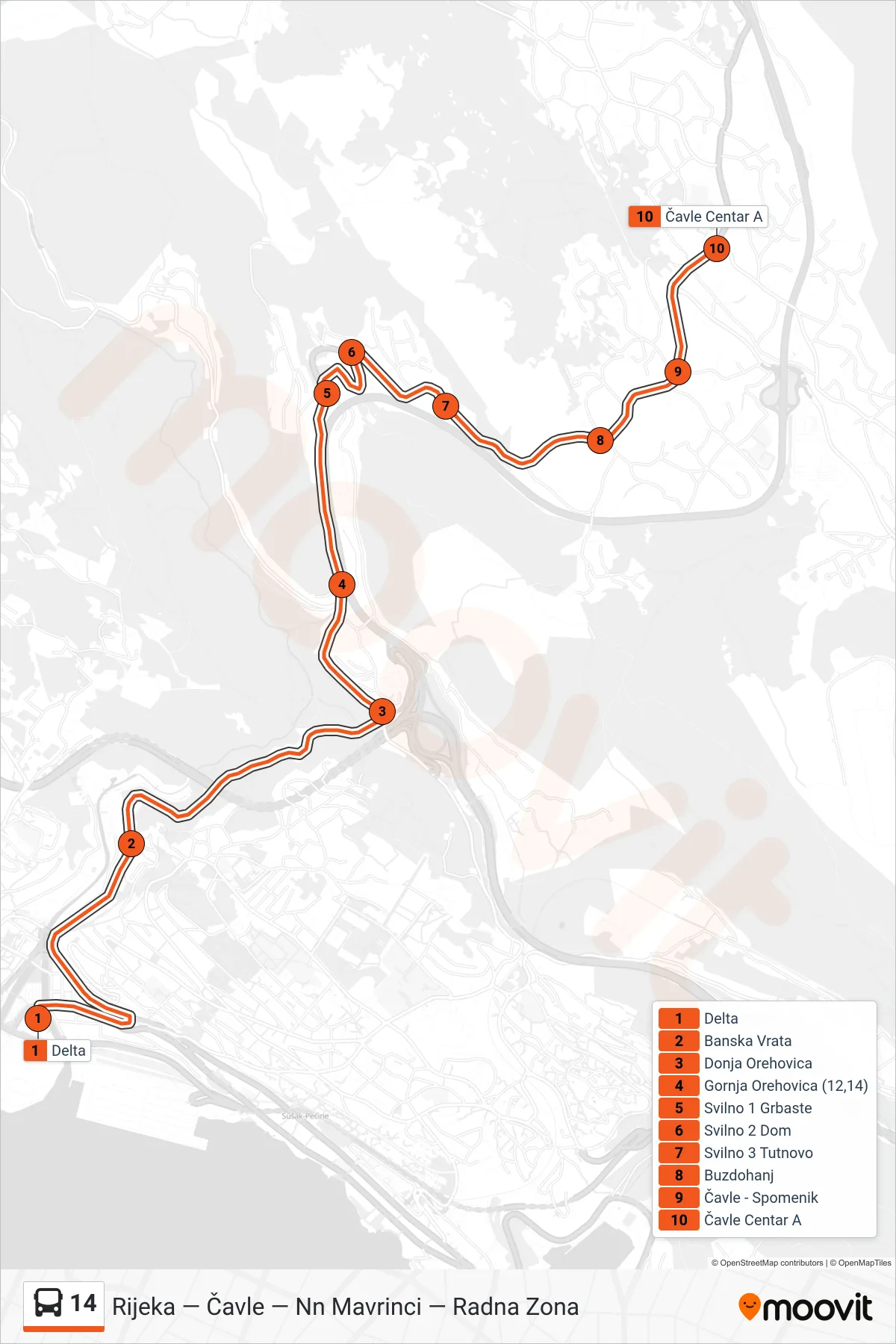 Linija 14 autobus, (Rijeka - Čavle) – ruta i stanice na karti