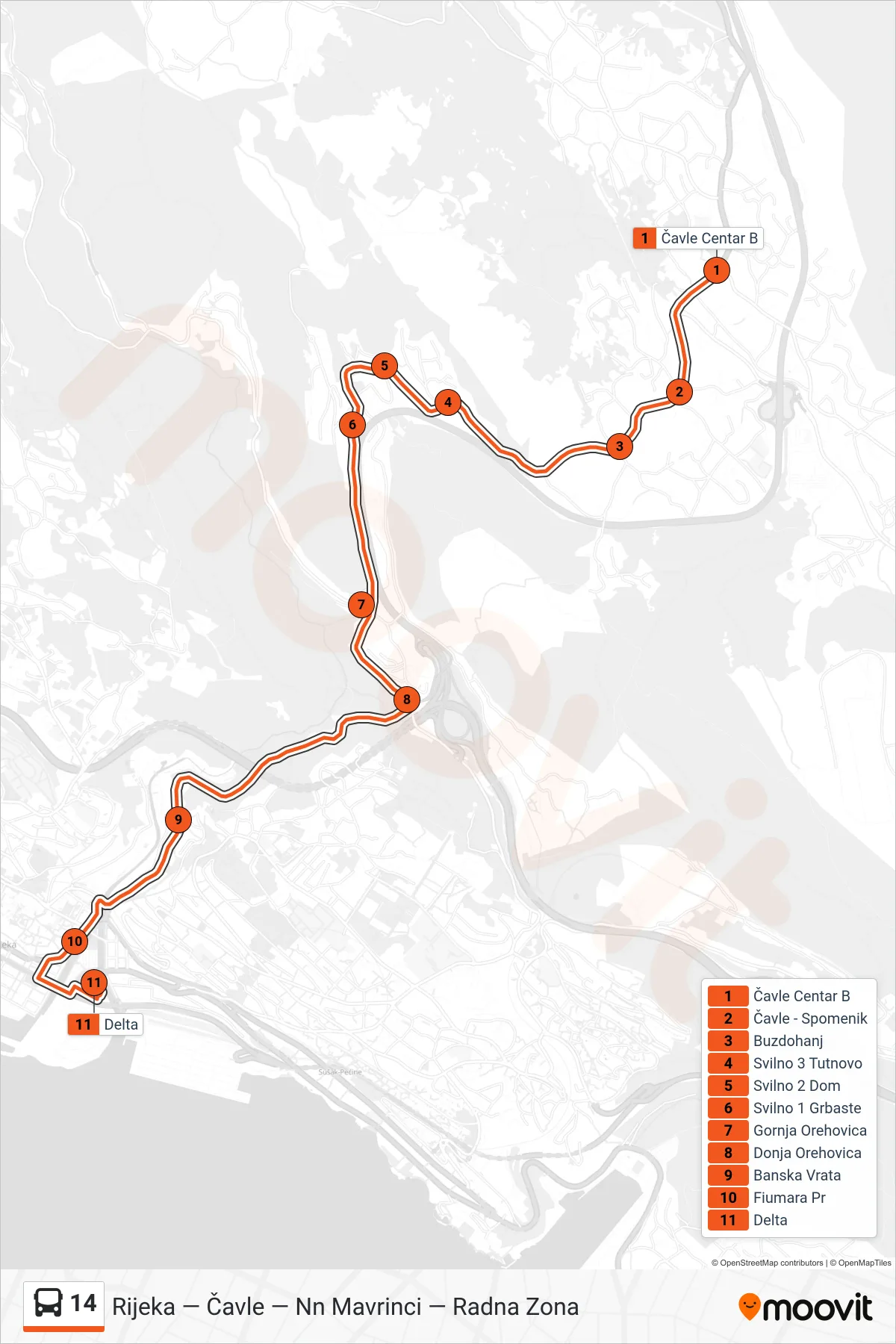 Linija 14 autobus, (Čavle Dom - Rijeka) – ruta i stanice na karti