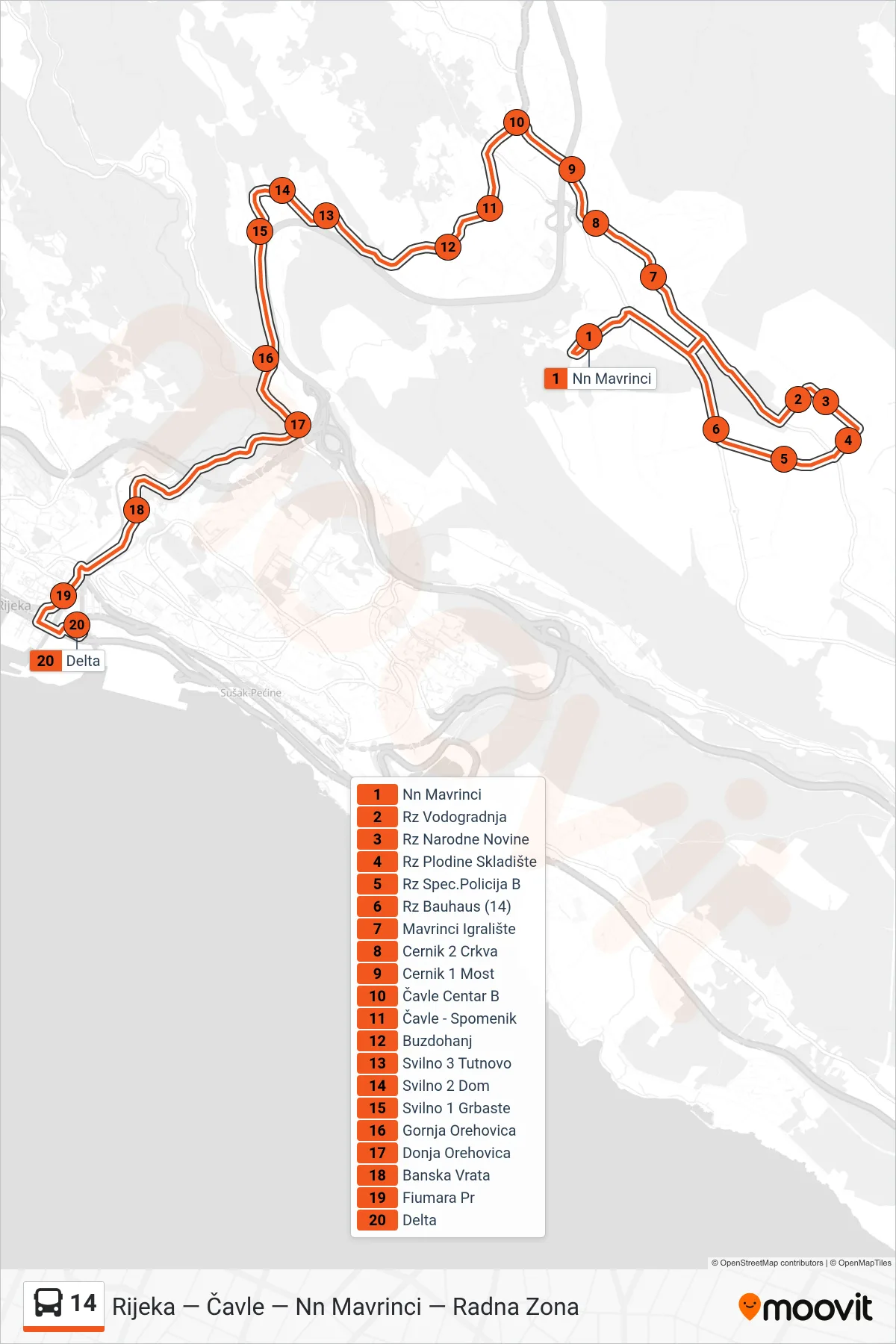 Linija 14 autobus, (Nn Mavrinci - Podola - Bauhaus - Čavle - Rijeka) – ruta i stanice na karti