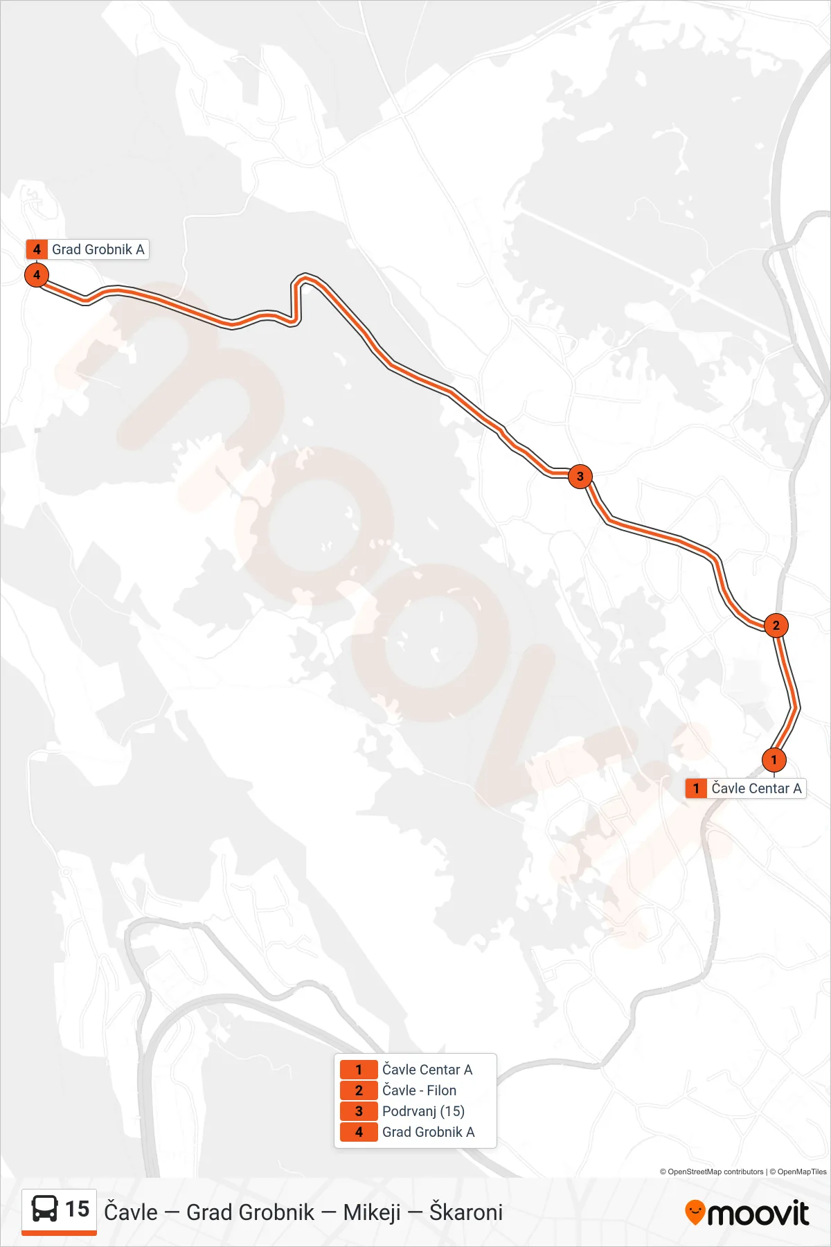 Linija 15 autobus, (Čavle - Grad Grobnik) – ruta i stanice na karti
