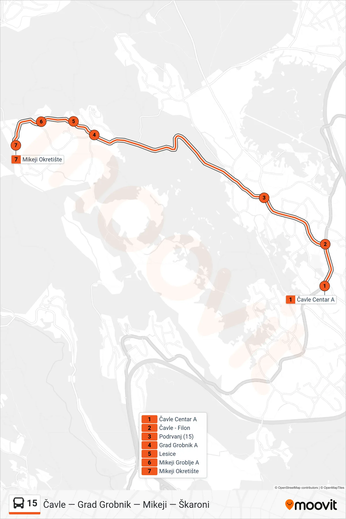 Linija 15 autobus, (Čavle - Grad Grobnik - Mikeji) – ruta i stanice na karti