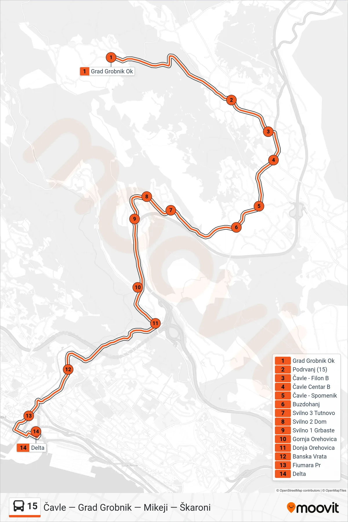 Linija 15 autobus, (Grad Grobnik - Rijeka) – ruta i stanice na karti