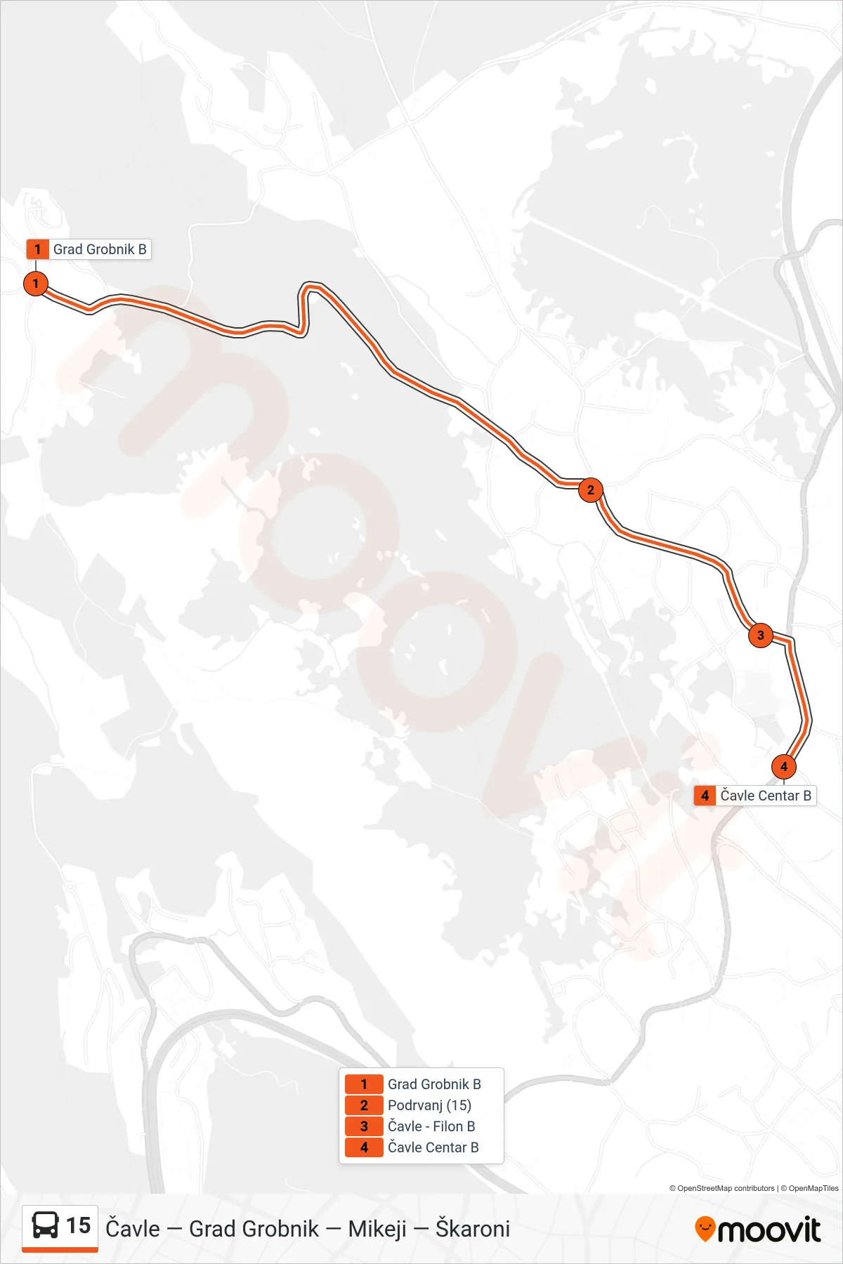 Linija 15 autobus, (Grad Grobnik - Čavle) – ruta i stanice na karti