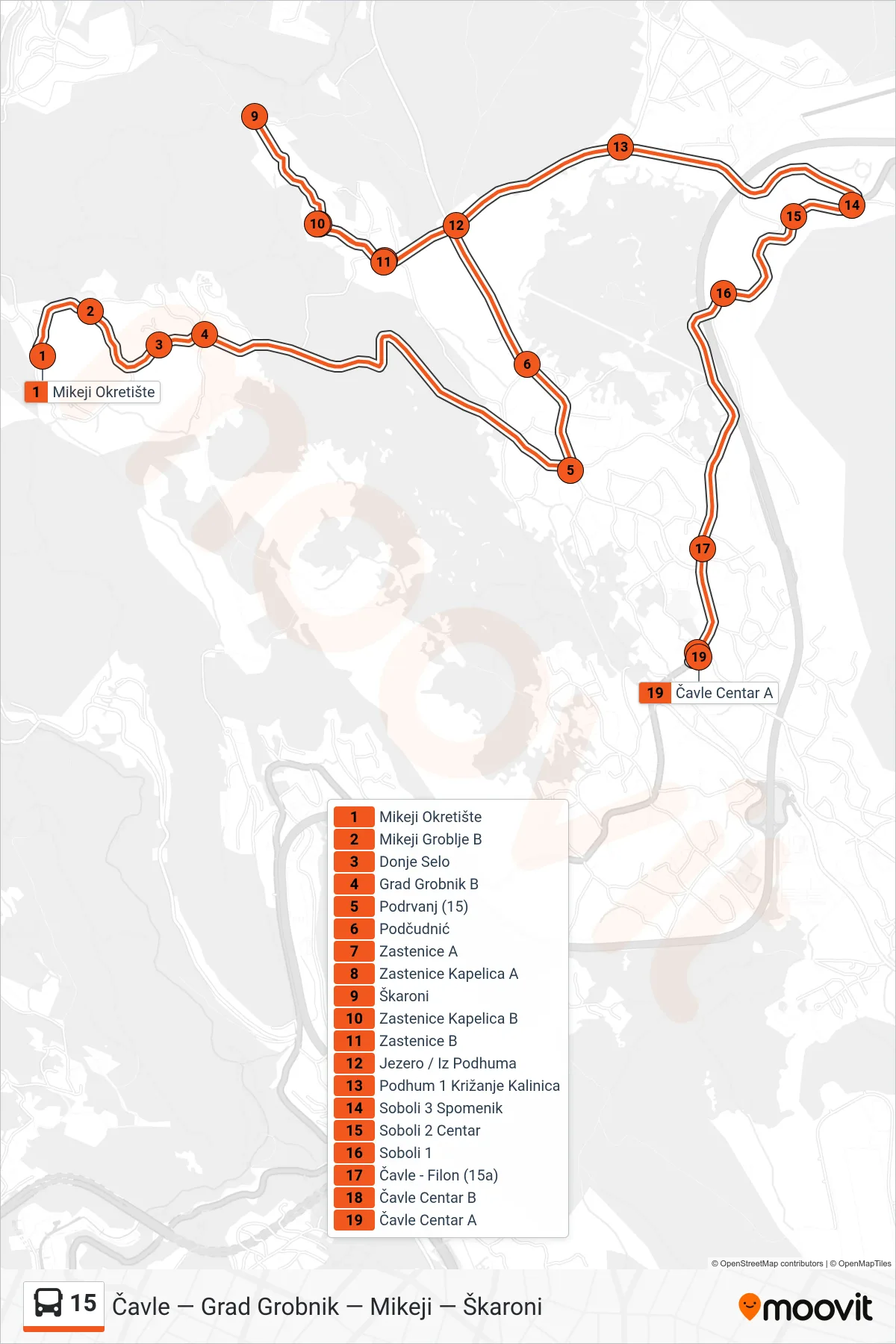 Linija 15 autobus, (Mikeji - Škaroni - Soboli - Čavle) – ruta i stanice na karti