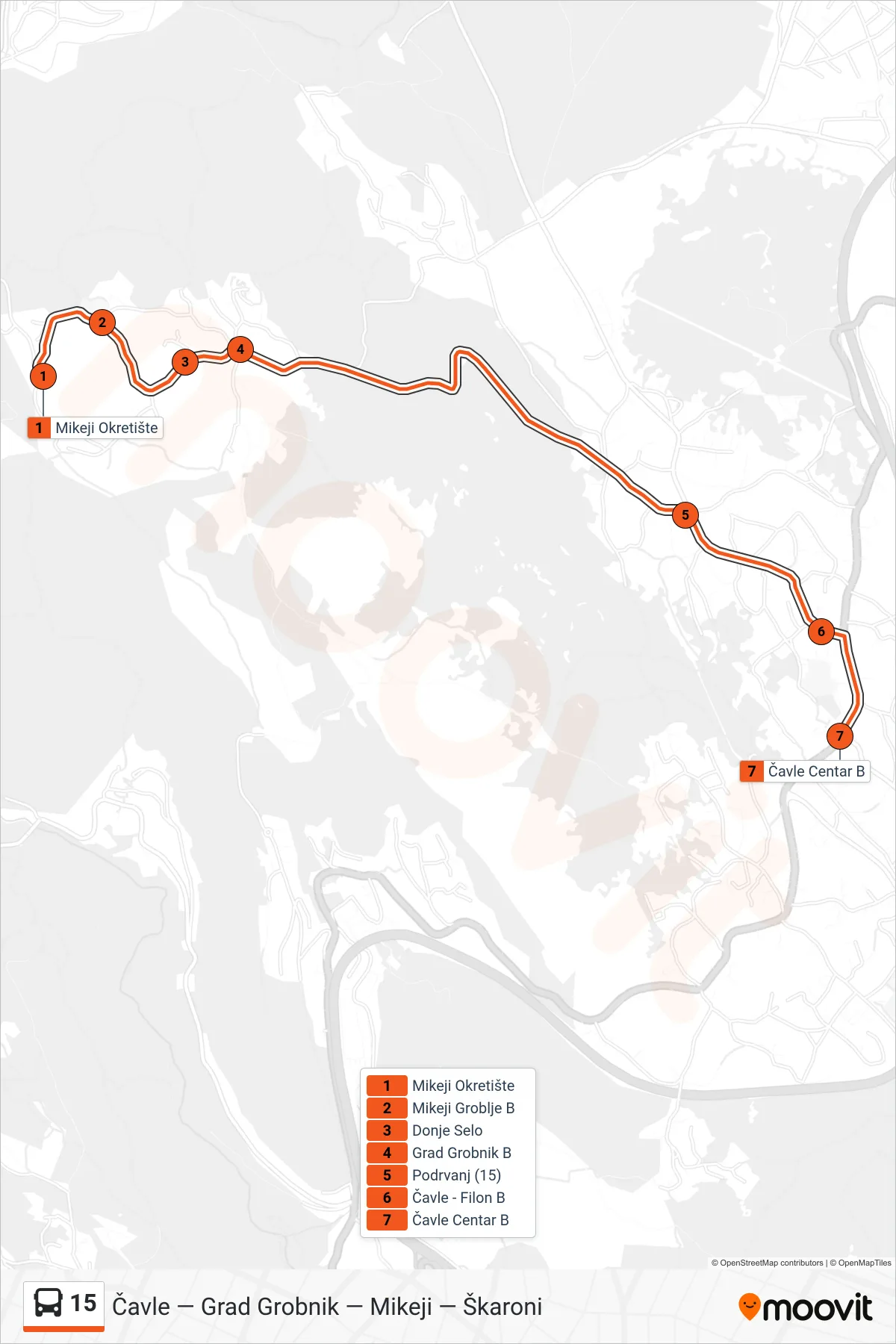15 bus Line (Mikeji - Grad Grobnik - Čavle) route and stops on a map