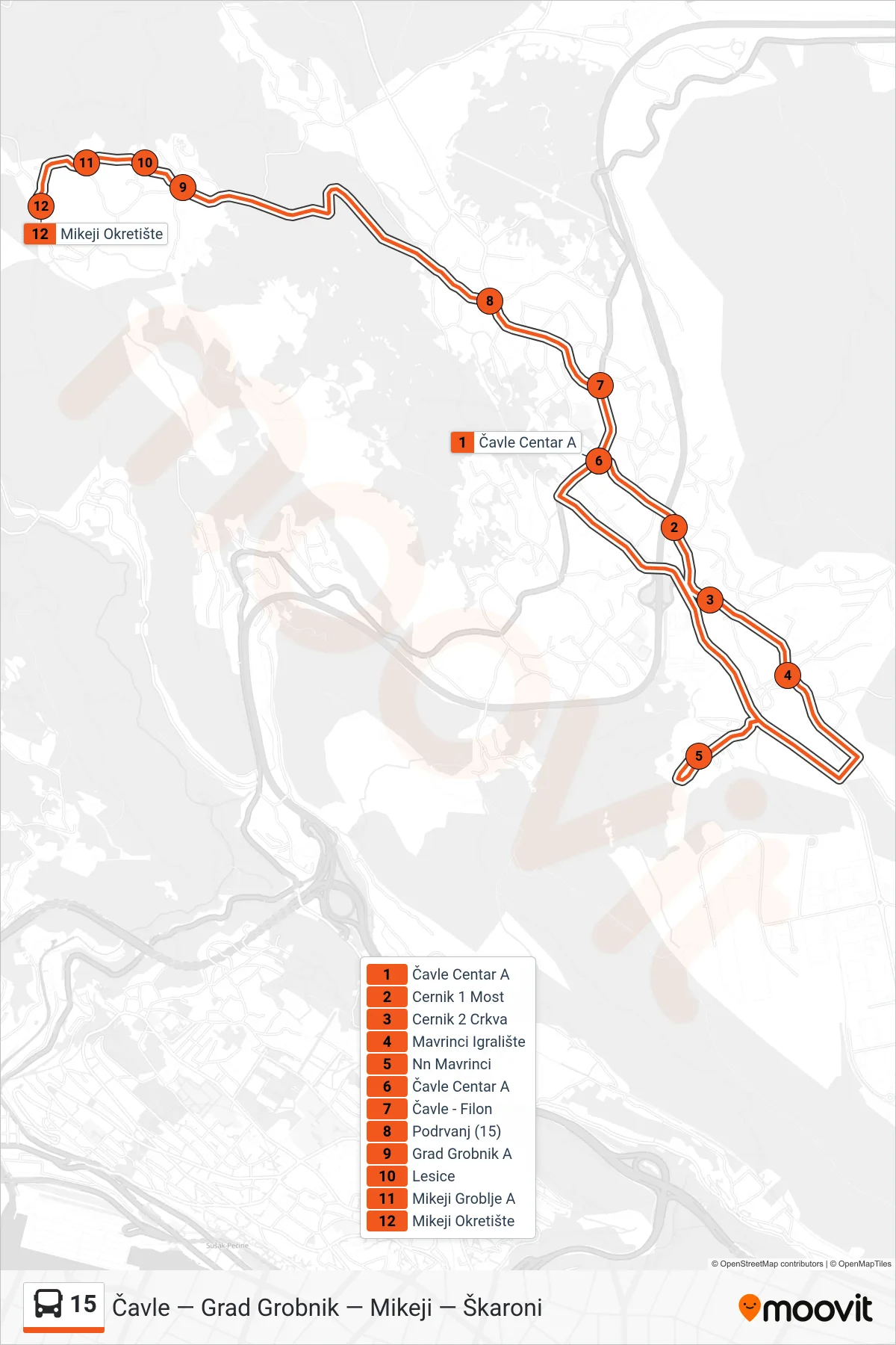 Linija 15 autobus, (Čavle - Nn Mavrinci - Mikeji) – ruta i stanice na karti