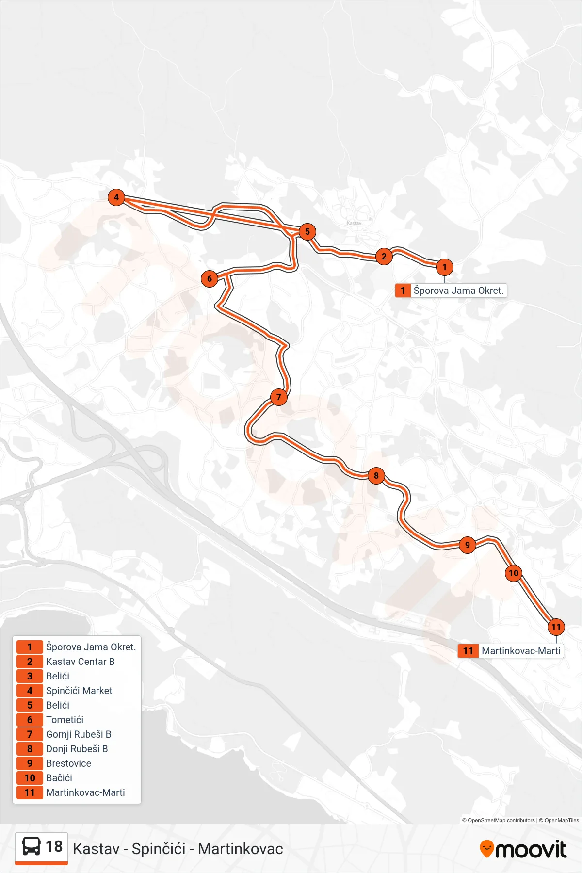 Linija 18 autobus, (Kastav - Spinčići - Martinkovac) – ruta i stanice na karti