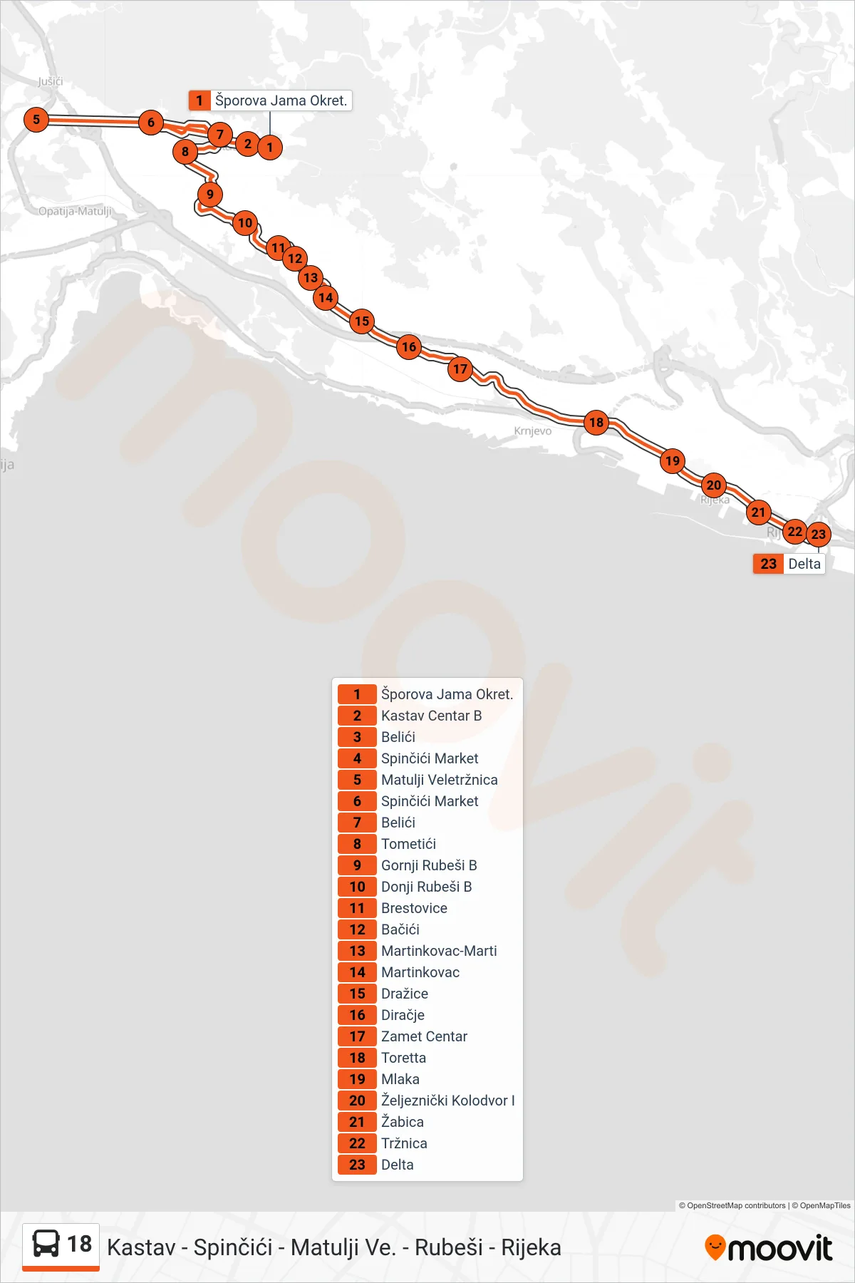 Linija 18 autobus, (Kastav - Spinčići - Matulji Ve. - Rubeši - Rijeka) – ruta i stanice na karti