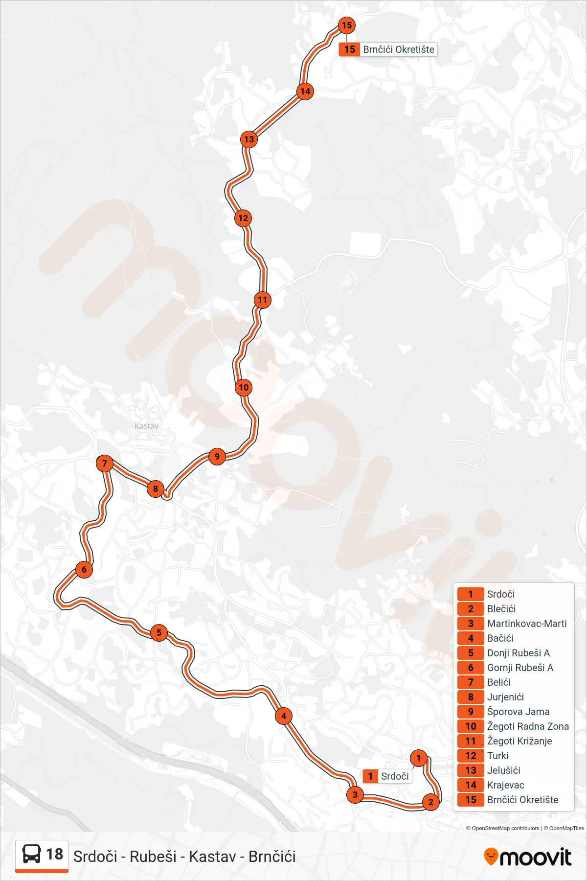 Linija 18 autobus, (Srdoči - Rubeši - Kastav - Brnčići) – ruta i stanice na karti